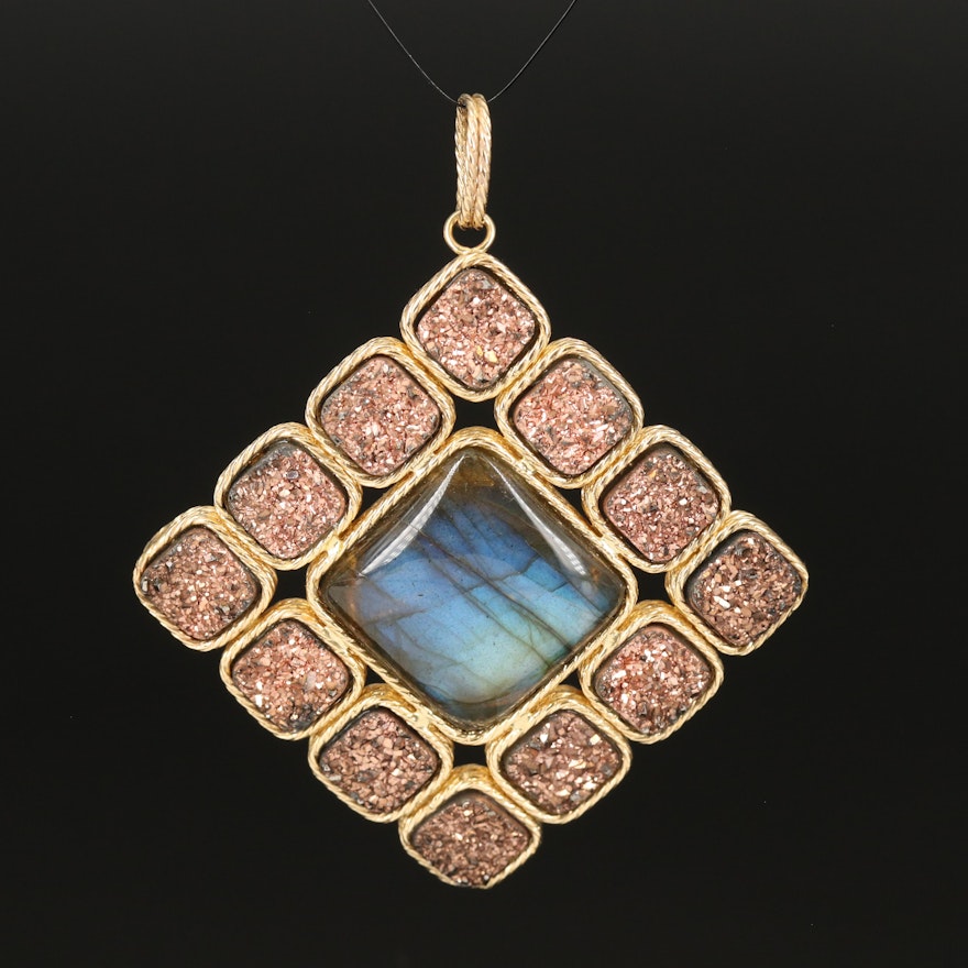 Italian 14K Labradorite and Druzy Square Pendant with Rope Accents
