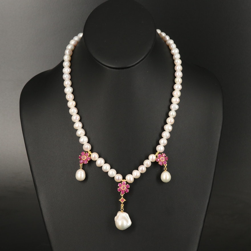 Sterling Pearl and Ruby Necklace