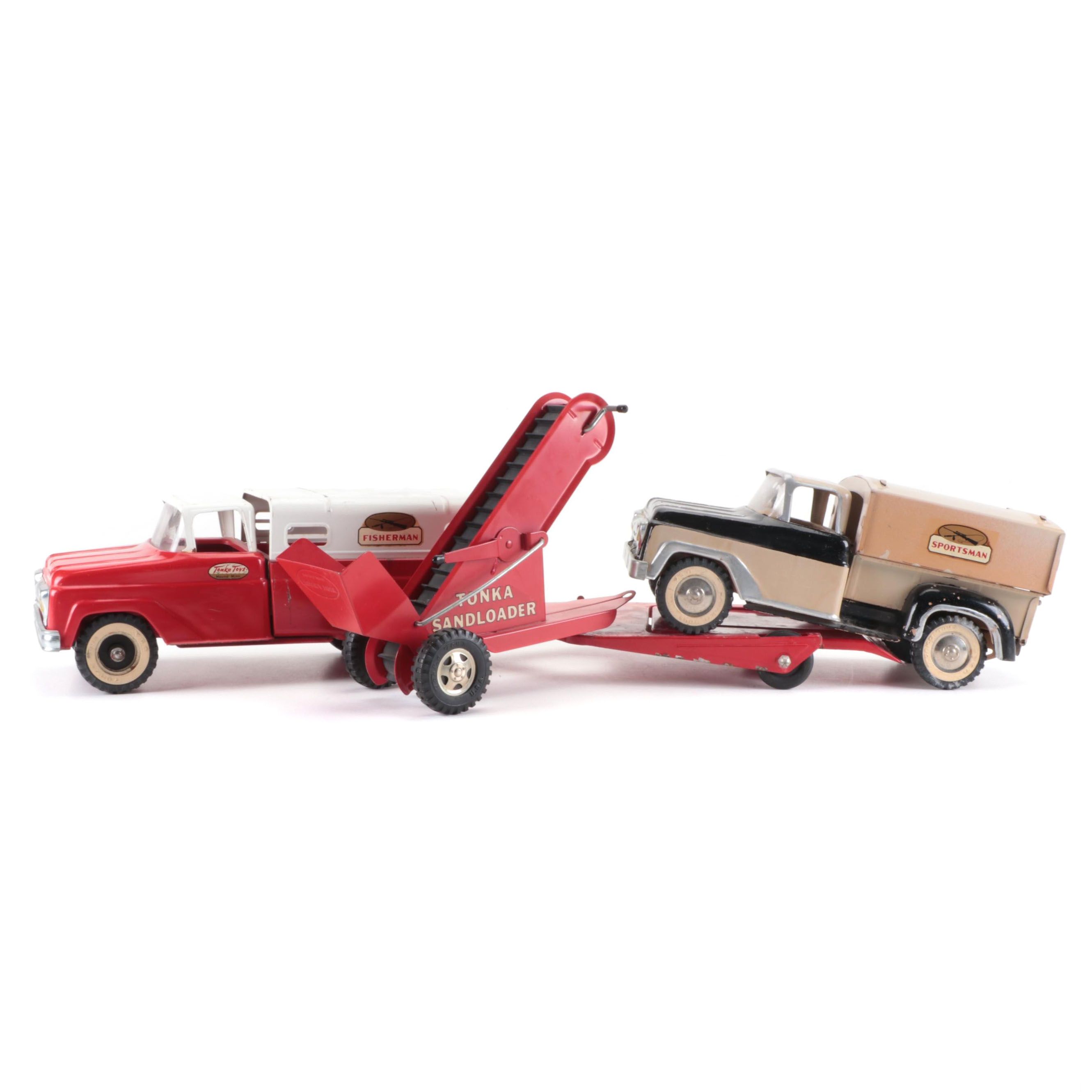 Tonka Fisherman and Sportsman Pickup Trucks with Toppers and Sandloader, 1960s