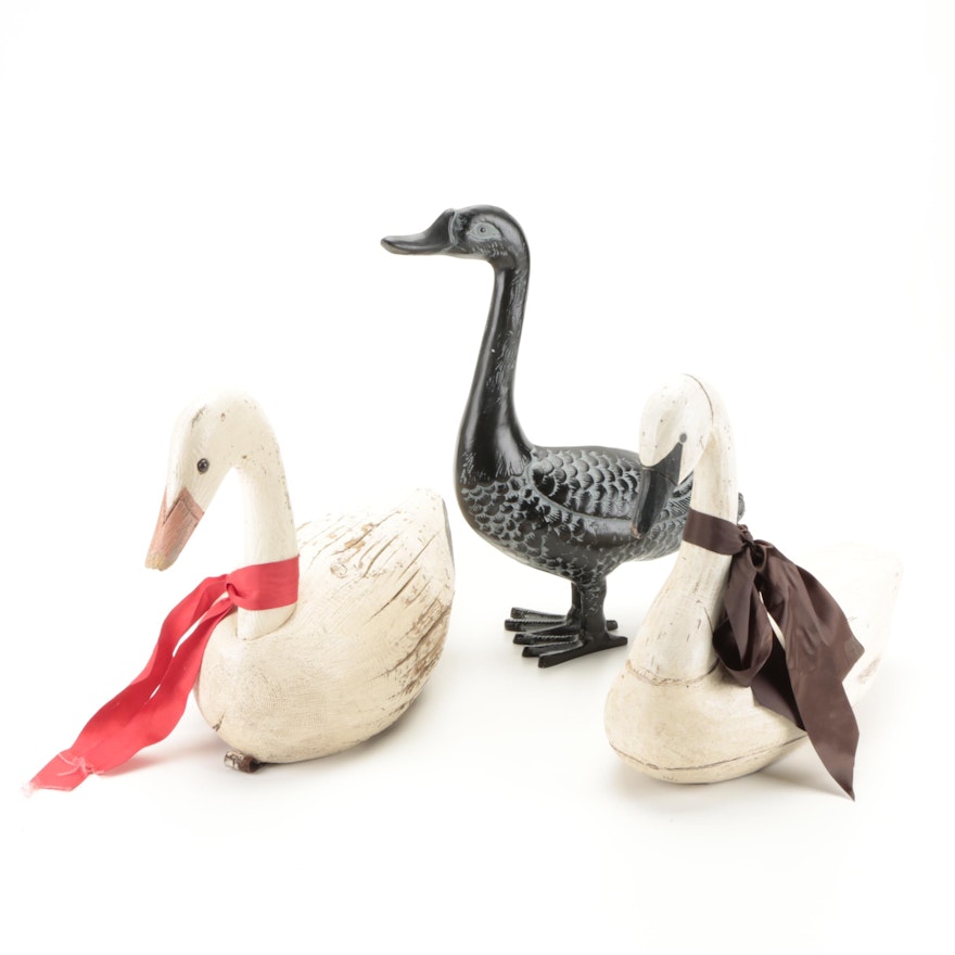Hand-Carved and Painted Wooden and Metal Swan Decoys and Figurine