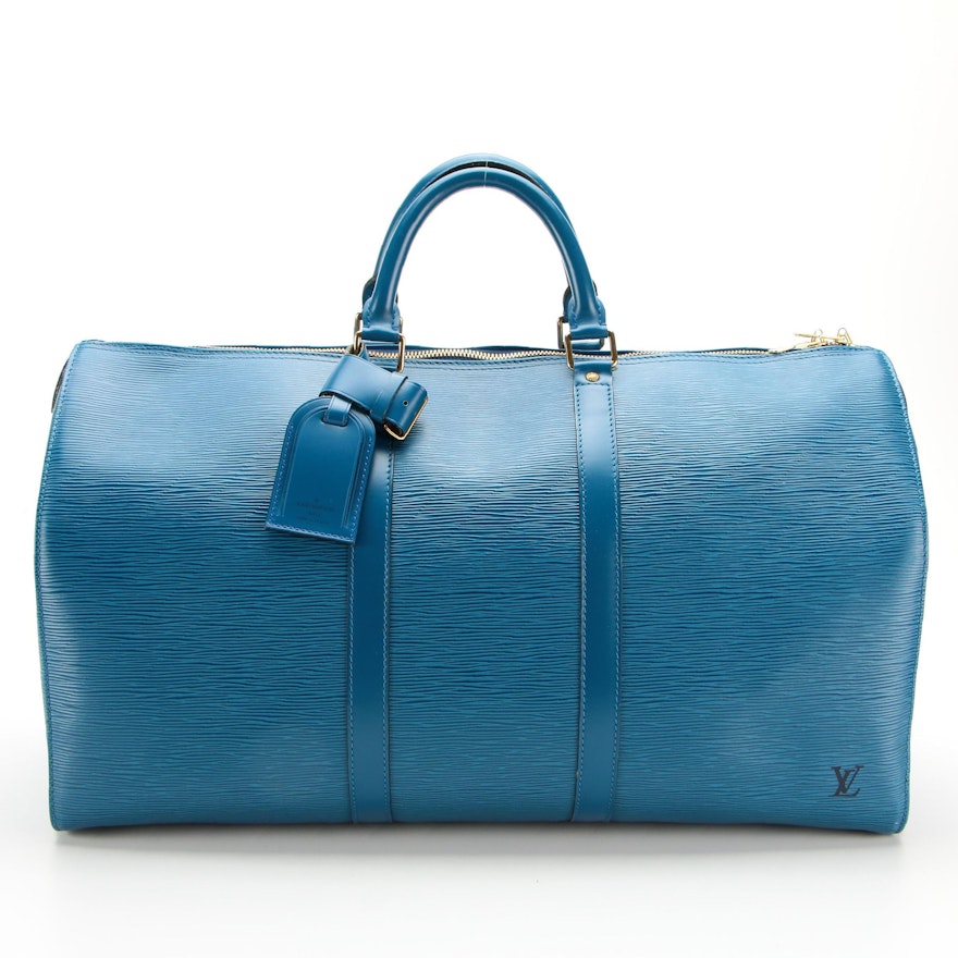 Louis Vuitton Keepall 50 Duffel Bag in Toledo Blue Epi and Smooth Leather