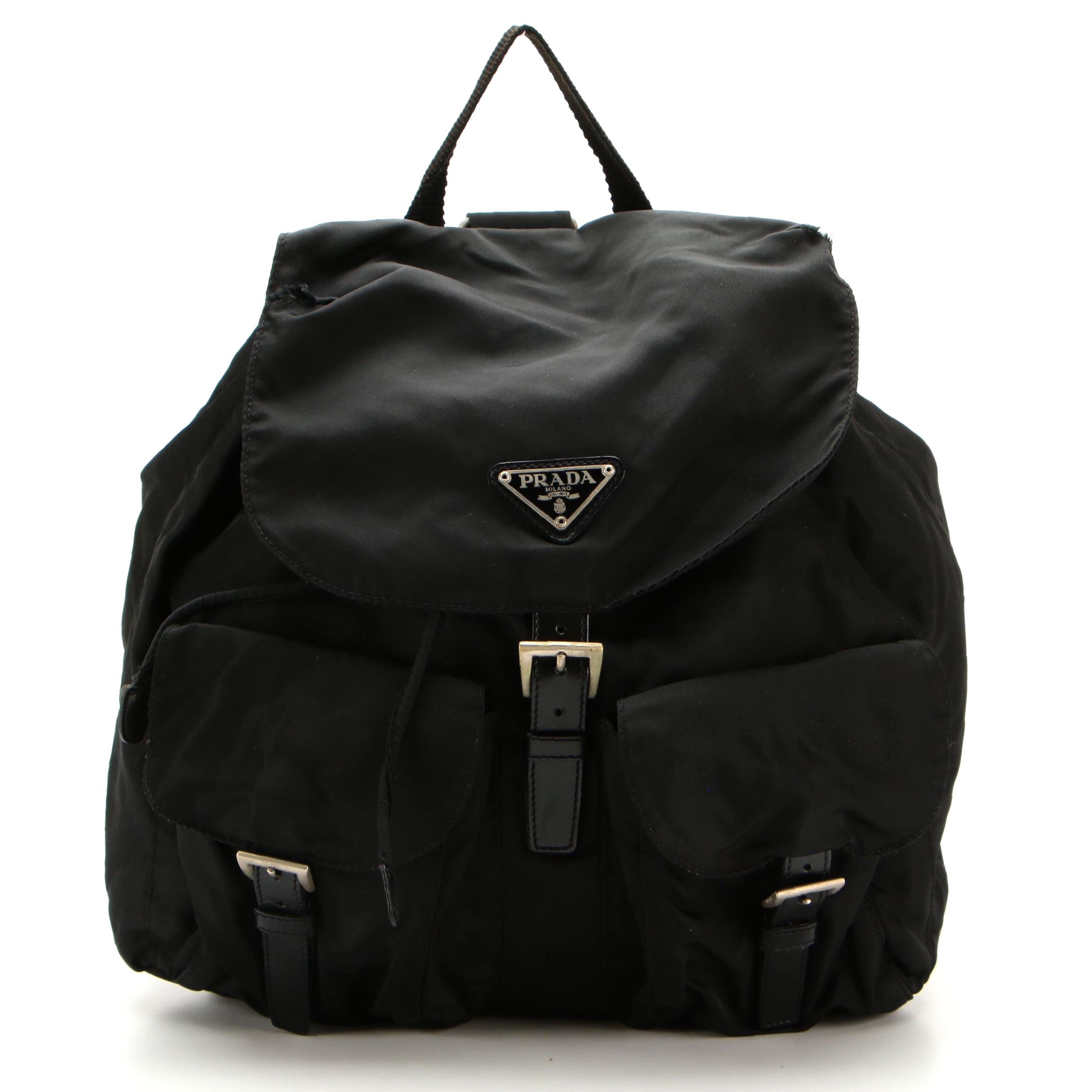 Prada Medium Black Tessuto Nylon Backpack with Leather Trim