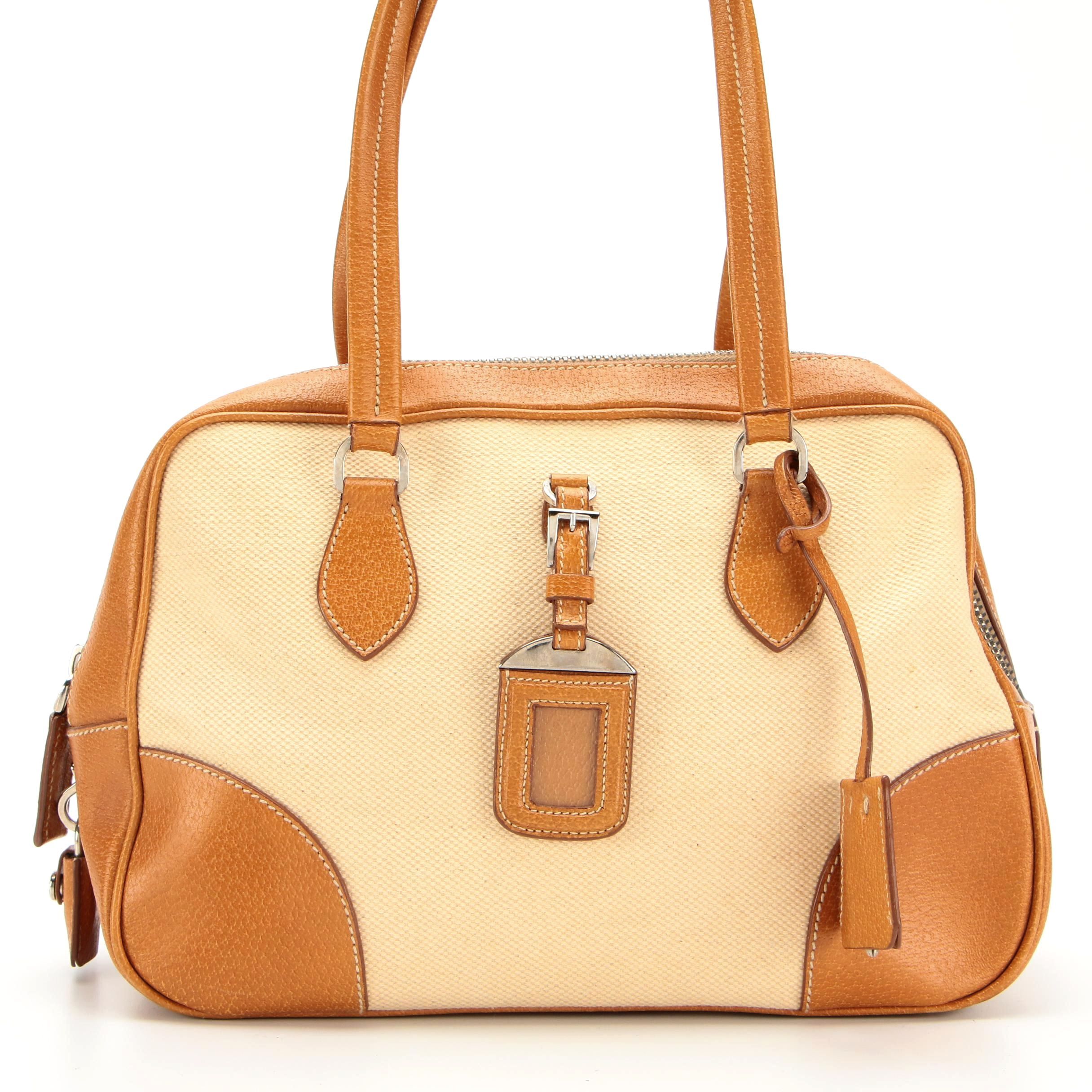 Prada Handbag in Raw Hemp and Leather with Padlock and Keys