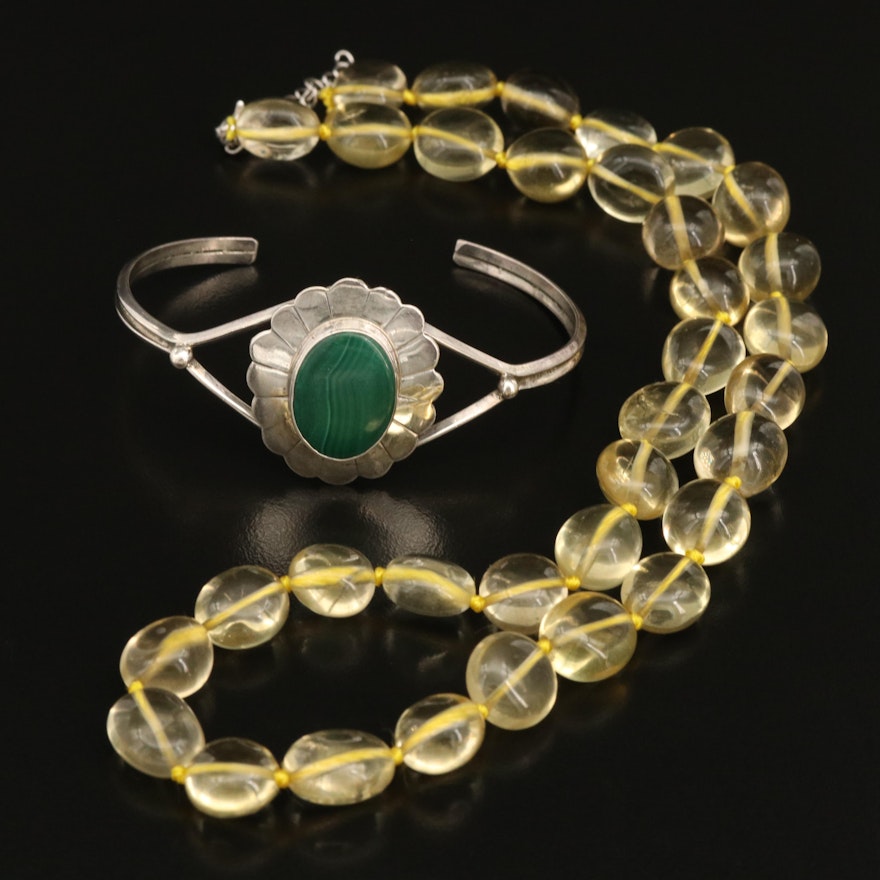 Sterling Malachite Bangle and Citrine Beaded Necklace