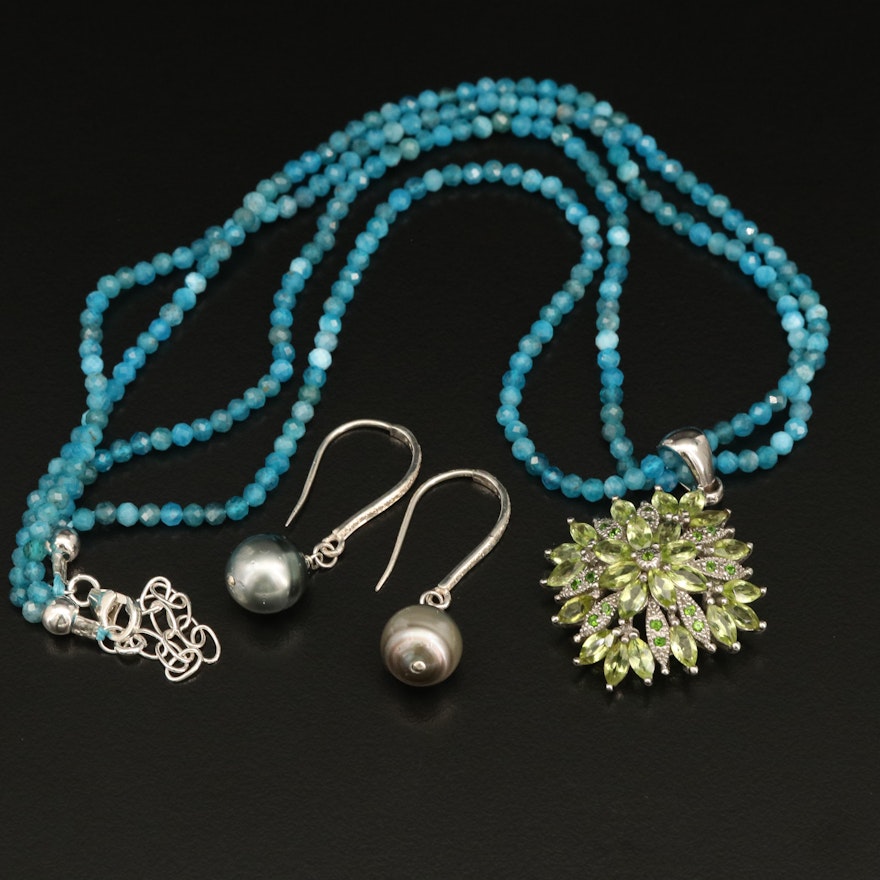 Sterling Apatite and Peridot Beaded Necklace and Pearl and Diamond Drop Earrings