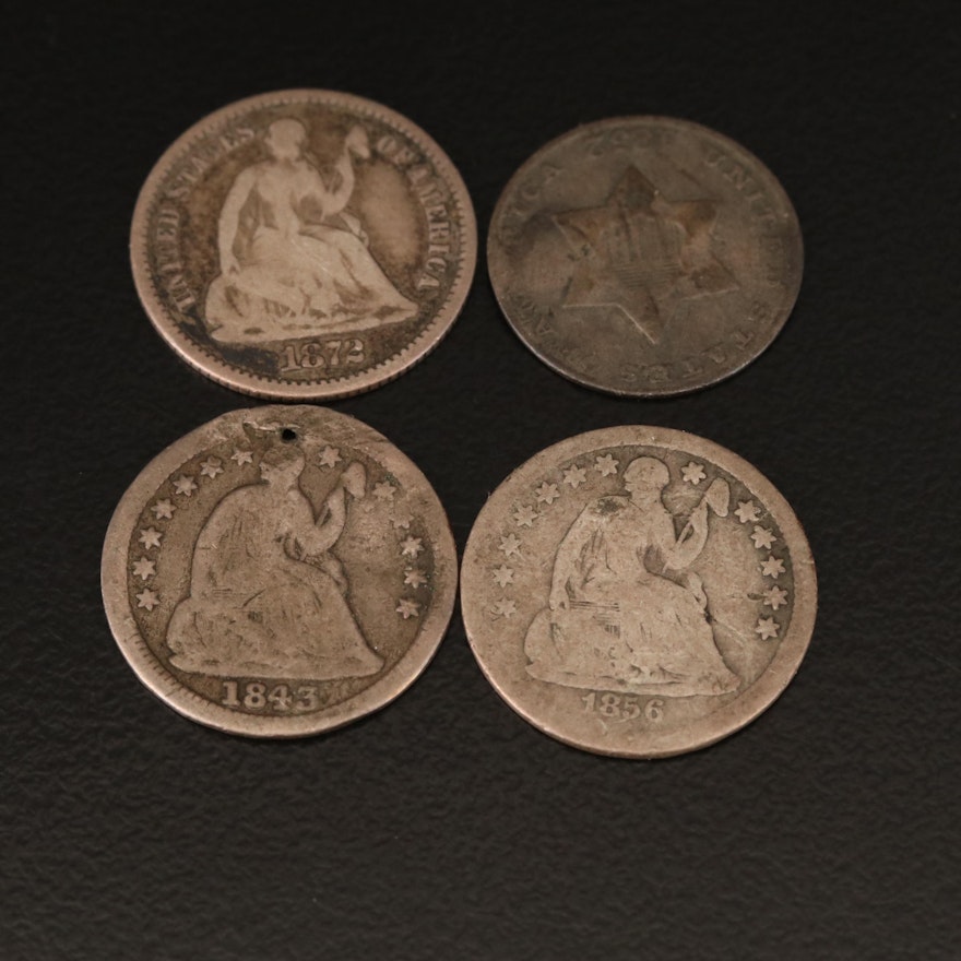 Three Seated Liberty Silver Half Dimes and 1852 Silver Three-Cent Piece