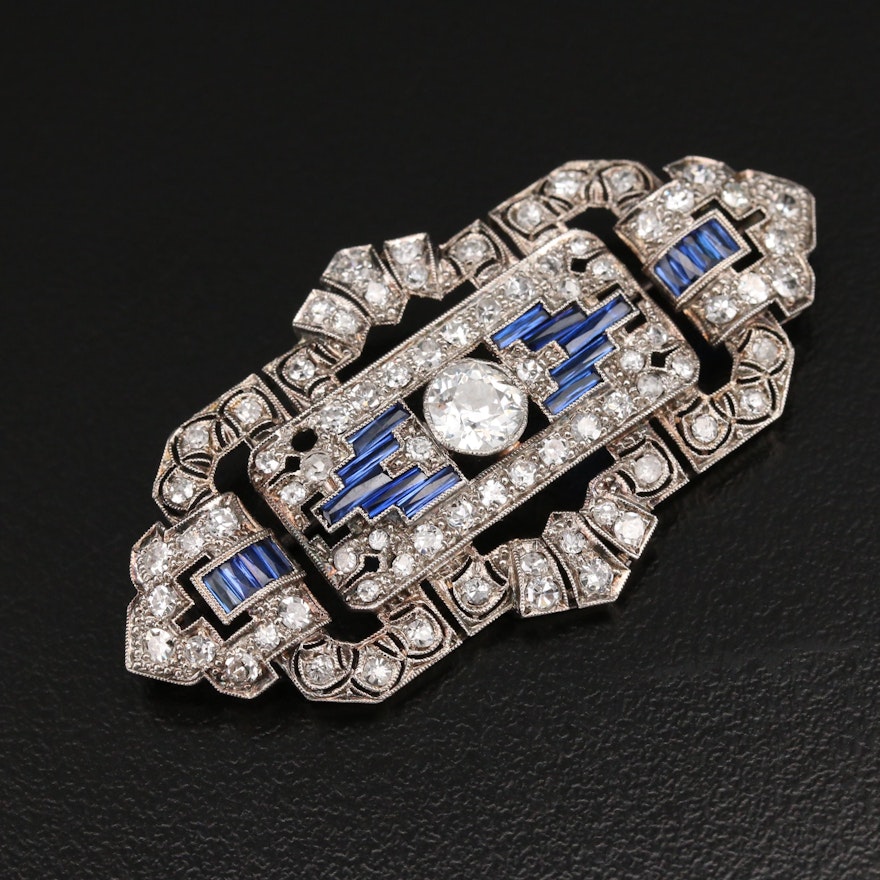 Art Deco Platinum 2.27 CTW Diamond and Sapphire Brooch with Milgrain Detail
