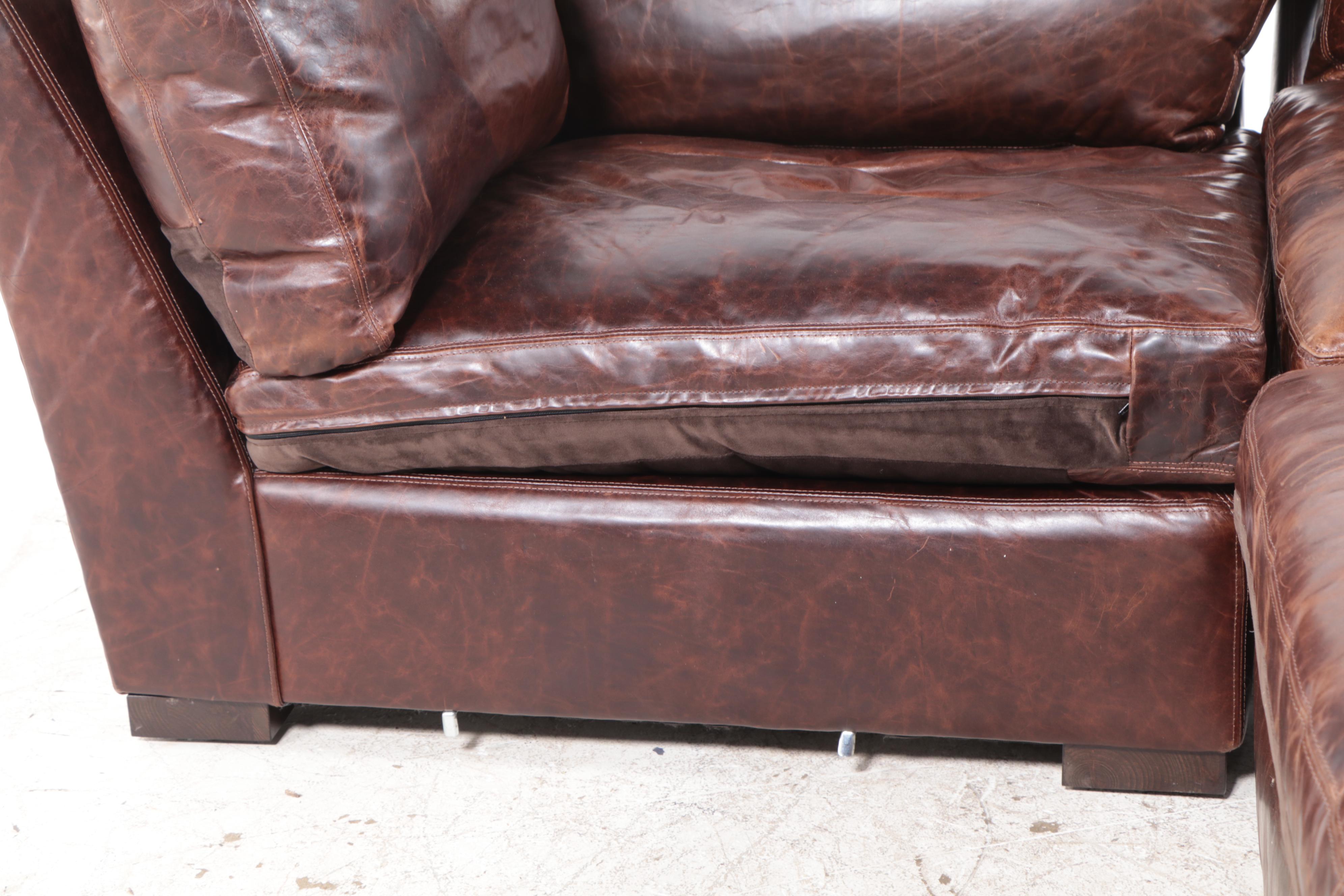 Three-Piece Restoration Hardware "Maxwell" Brown Leather L-Sectional Sofa