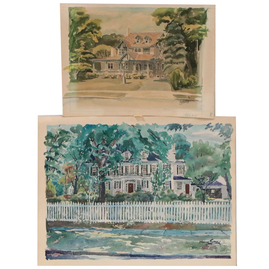 William Stavely Watercolor Paintings of Houses, Late 20th Century