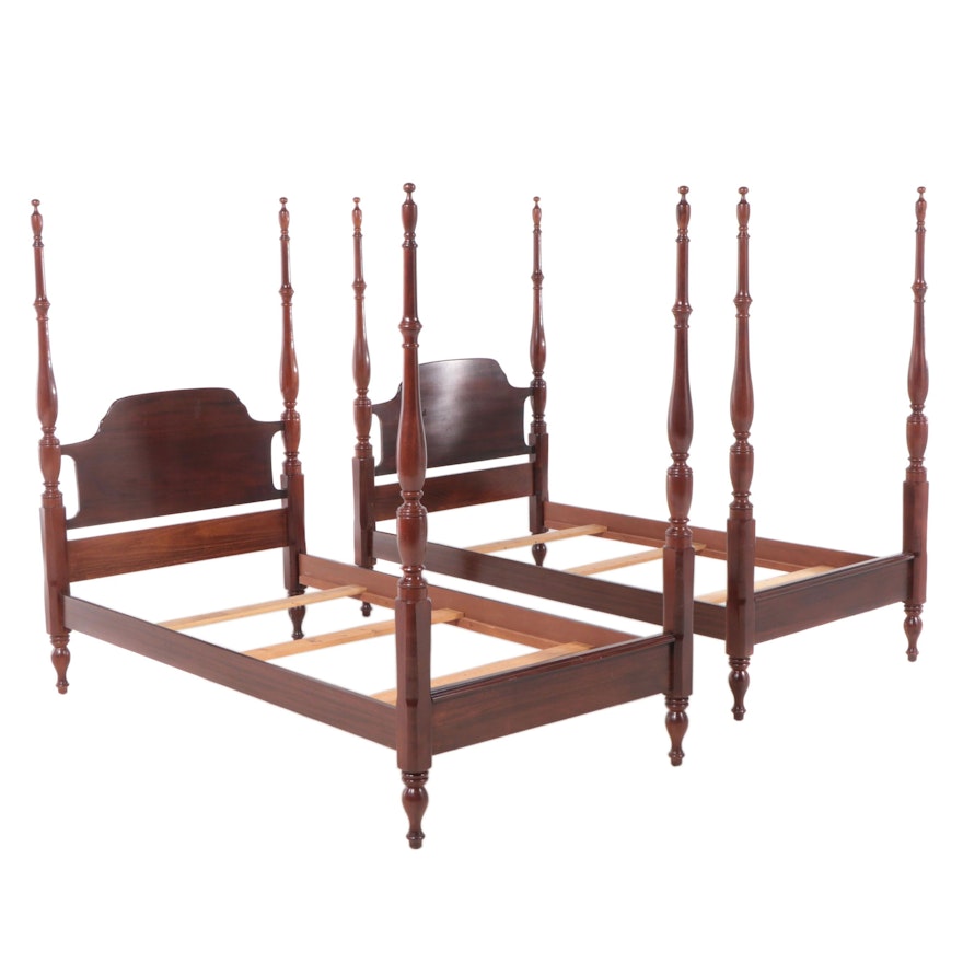 Pair of Mahogany Stained Wood Four Post Twin Beds