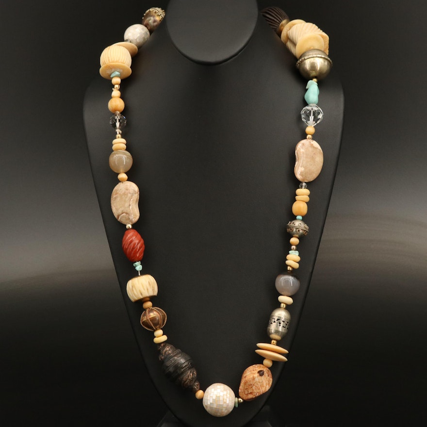 Beaded Necklace Featuring Carved Bone, Mother of Pearl and Agate