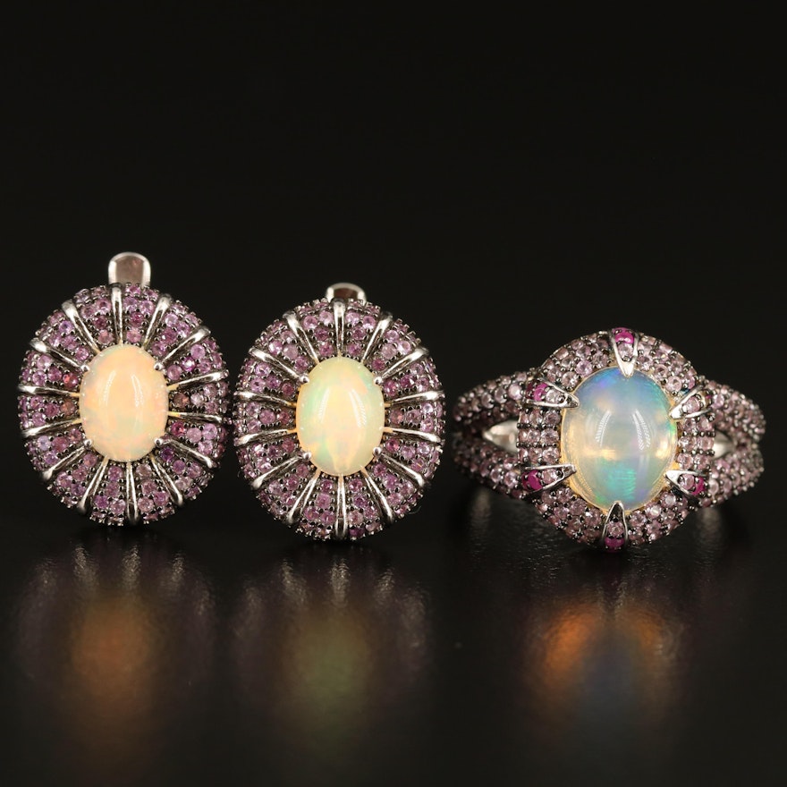 Sterling Opal, Pink Sapphire and Ruby Ring and Earrings