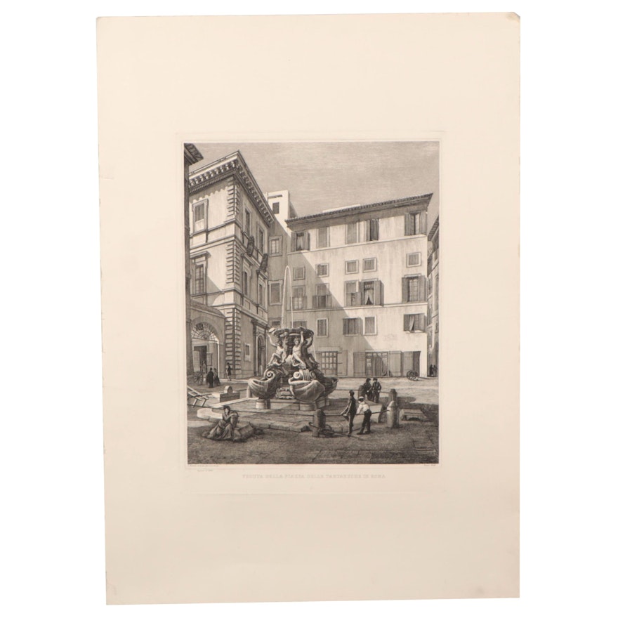 Luigi Rossini Engraving "Veduta della Piazza delle Tartaruche in Roma"