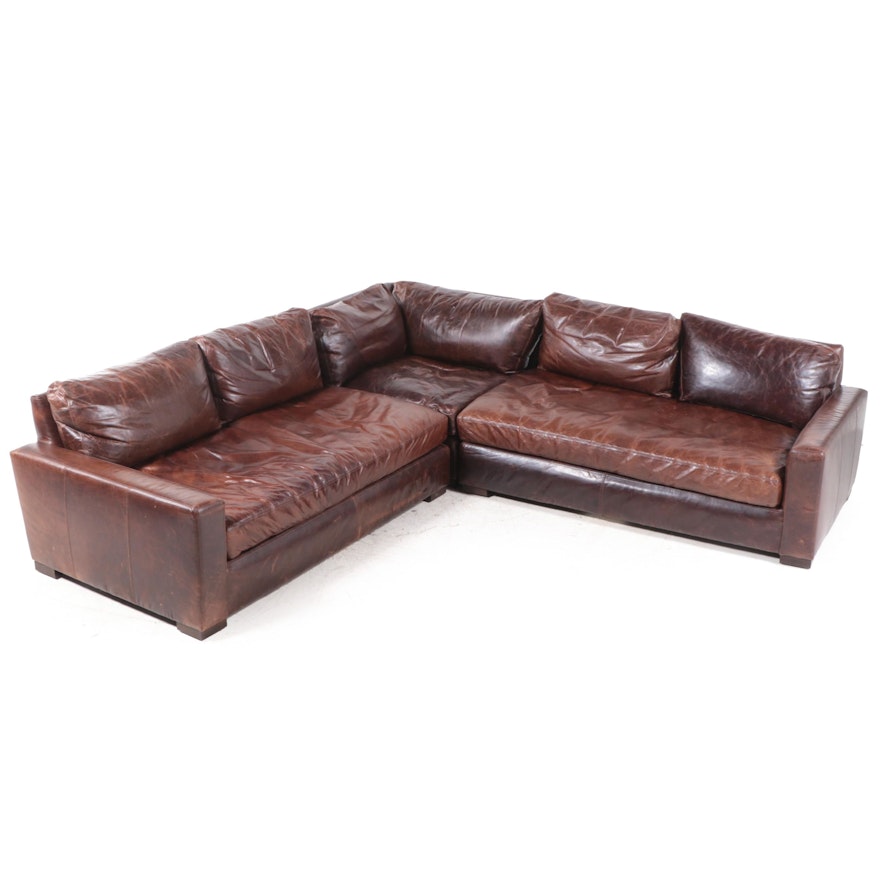 Three-Piece Restoration Hardware "Maxwell" Brown Leather L-Sectional Sofa