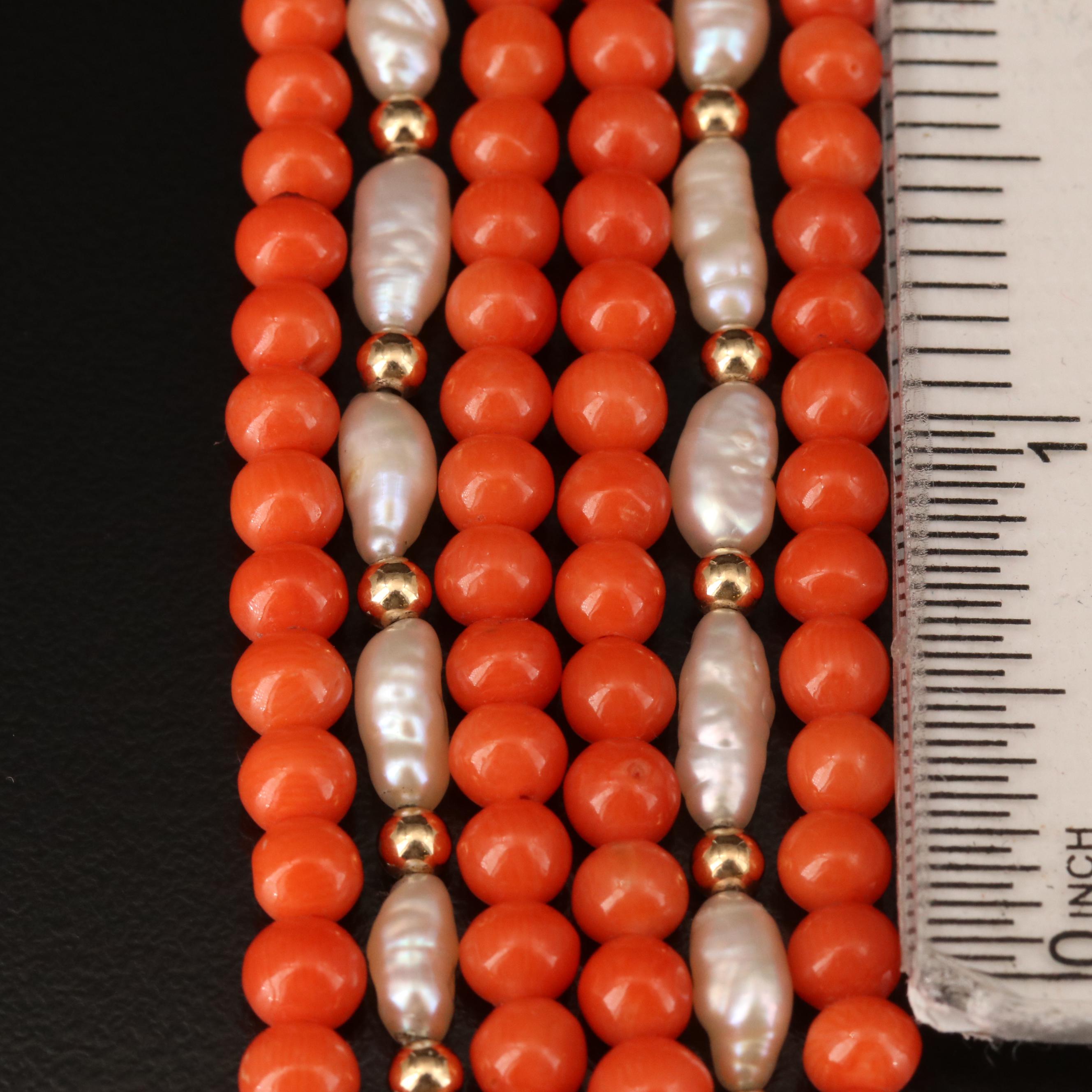 14K Coral and Pearl Triple Strand Necklace