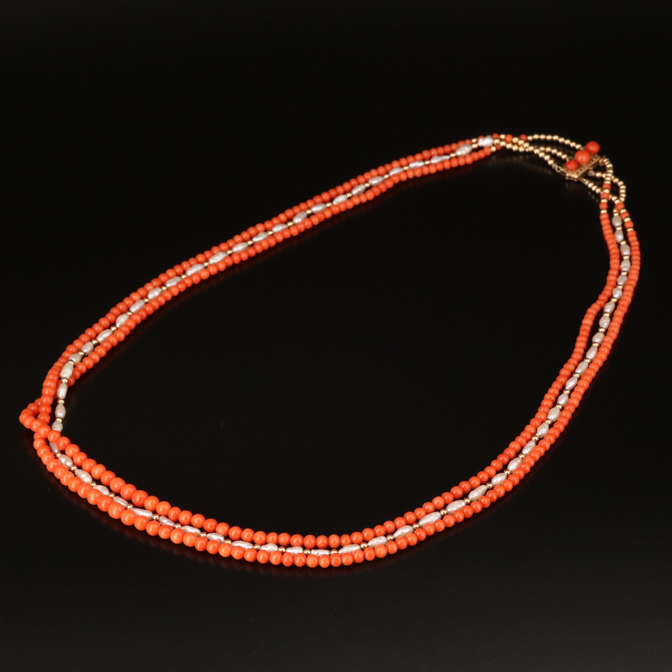 14K Coral and Pearl Triple Strand Necklace