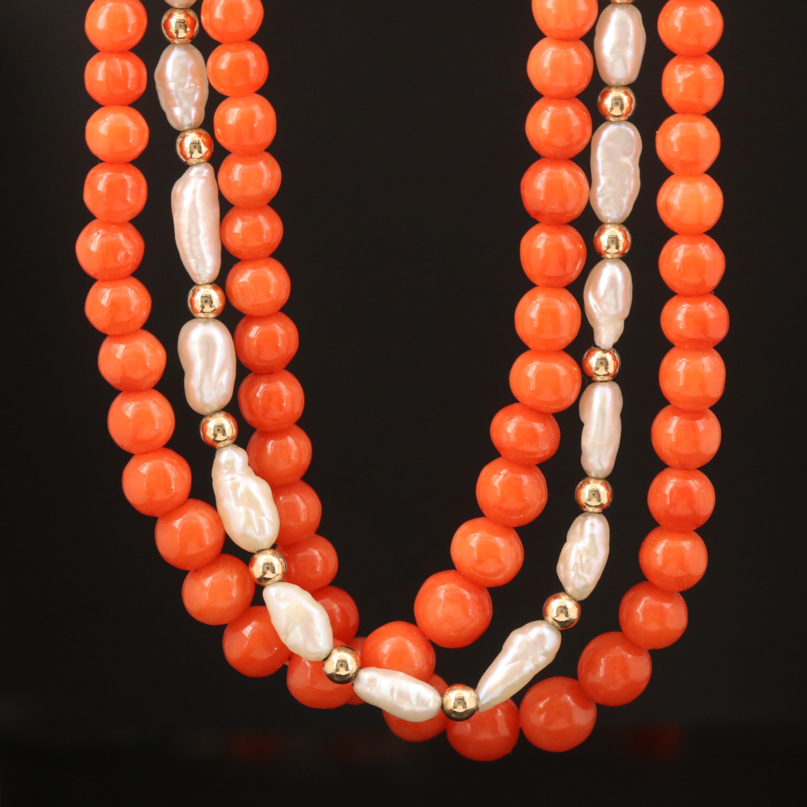 14K Coral and Pearl Triple Strand Necklace