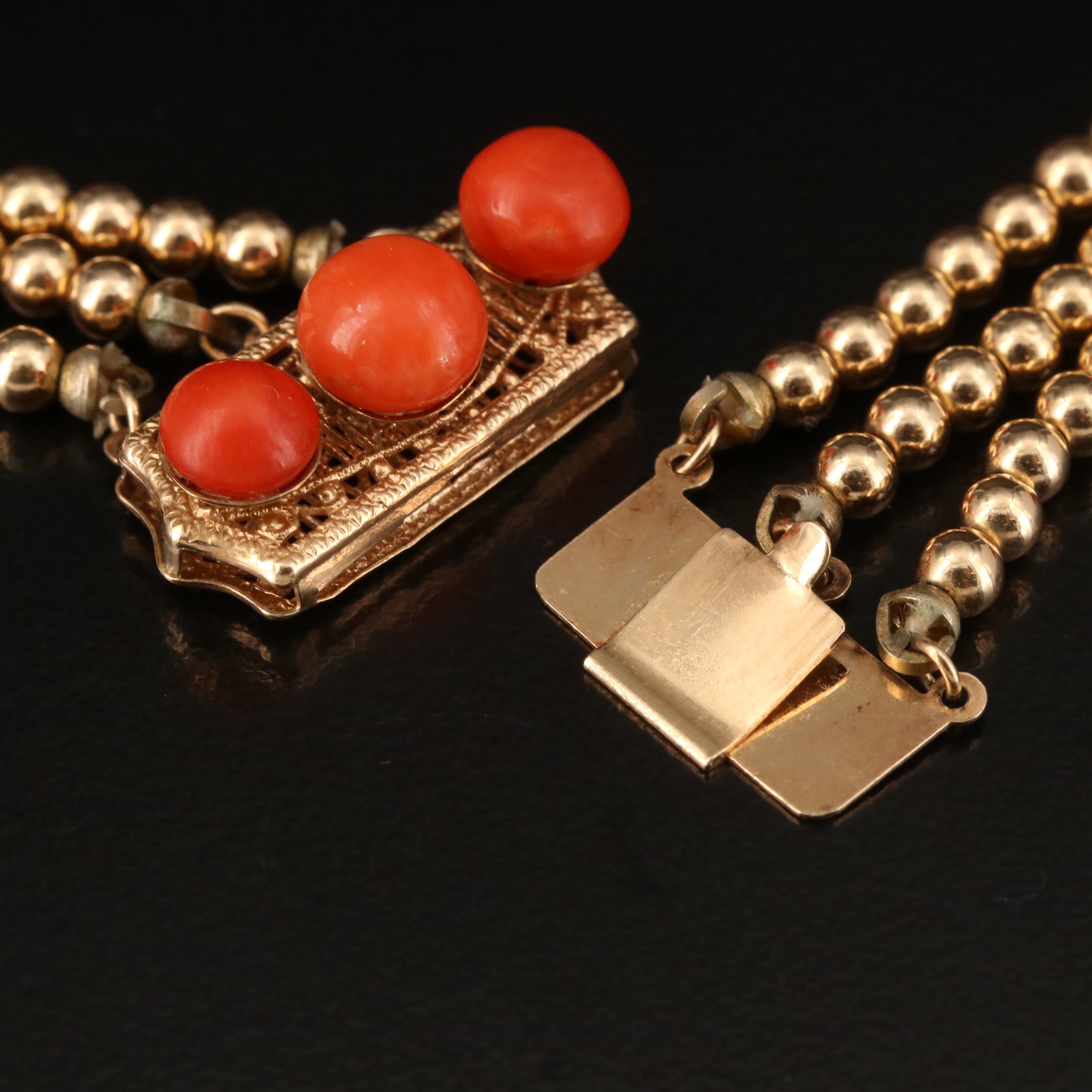 14K Coral and Pearl Triple Strand Necklace