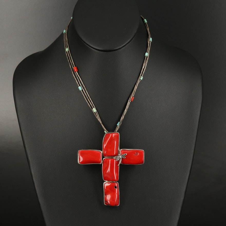 Sterling Liquid Silver Coral and Turquoise Cross Necklace