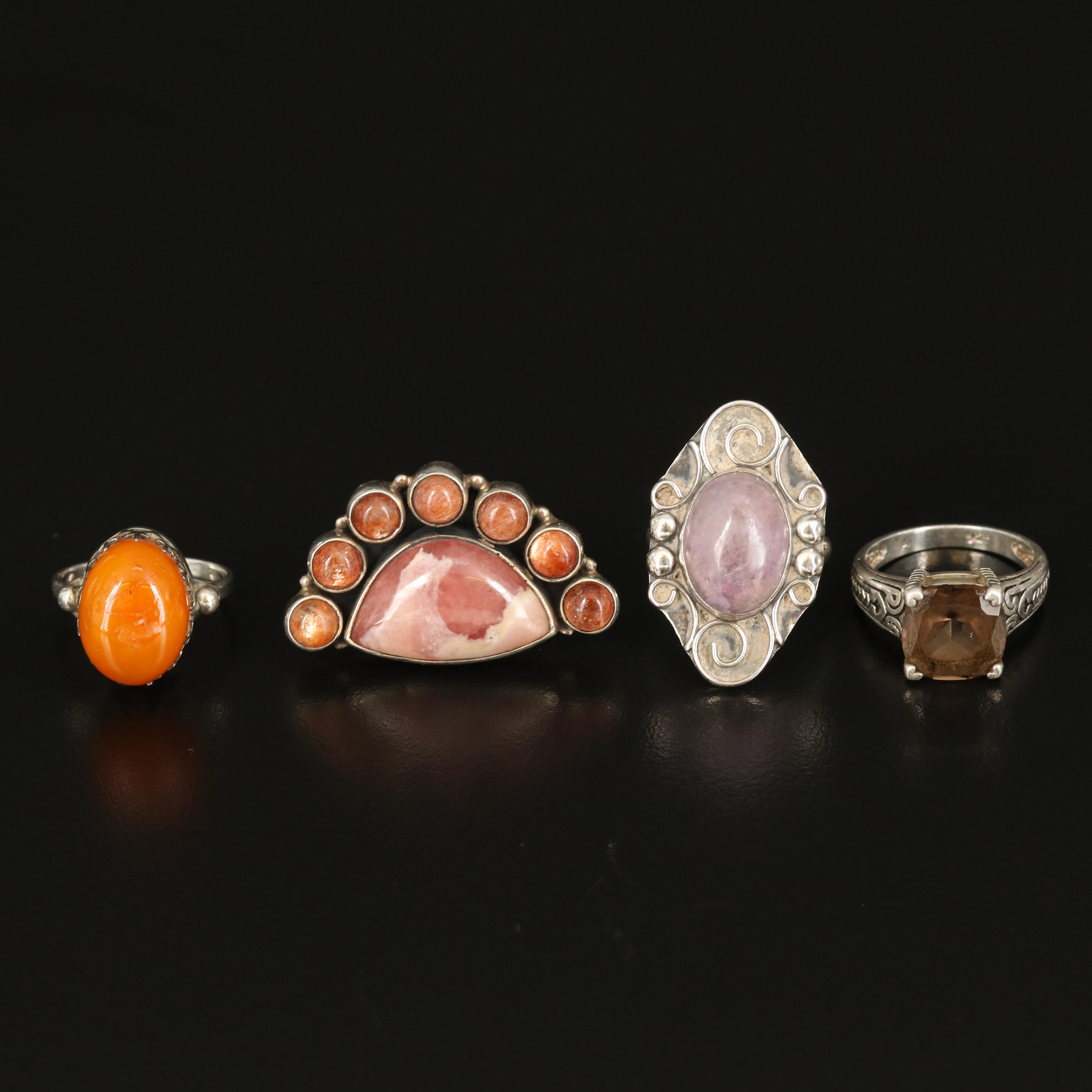 Sterling Rings Including Rhodochrosite, Sunstone and Smoky Quartz