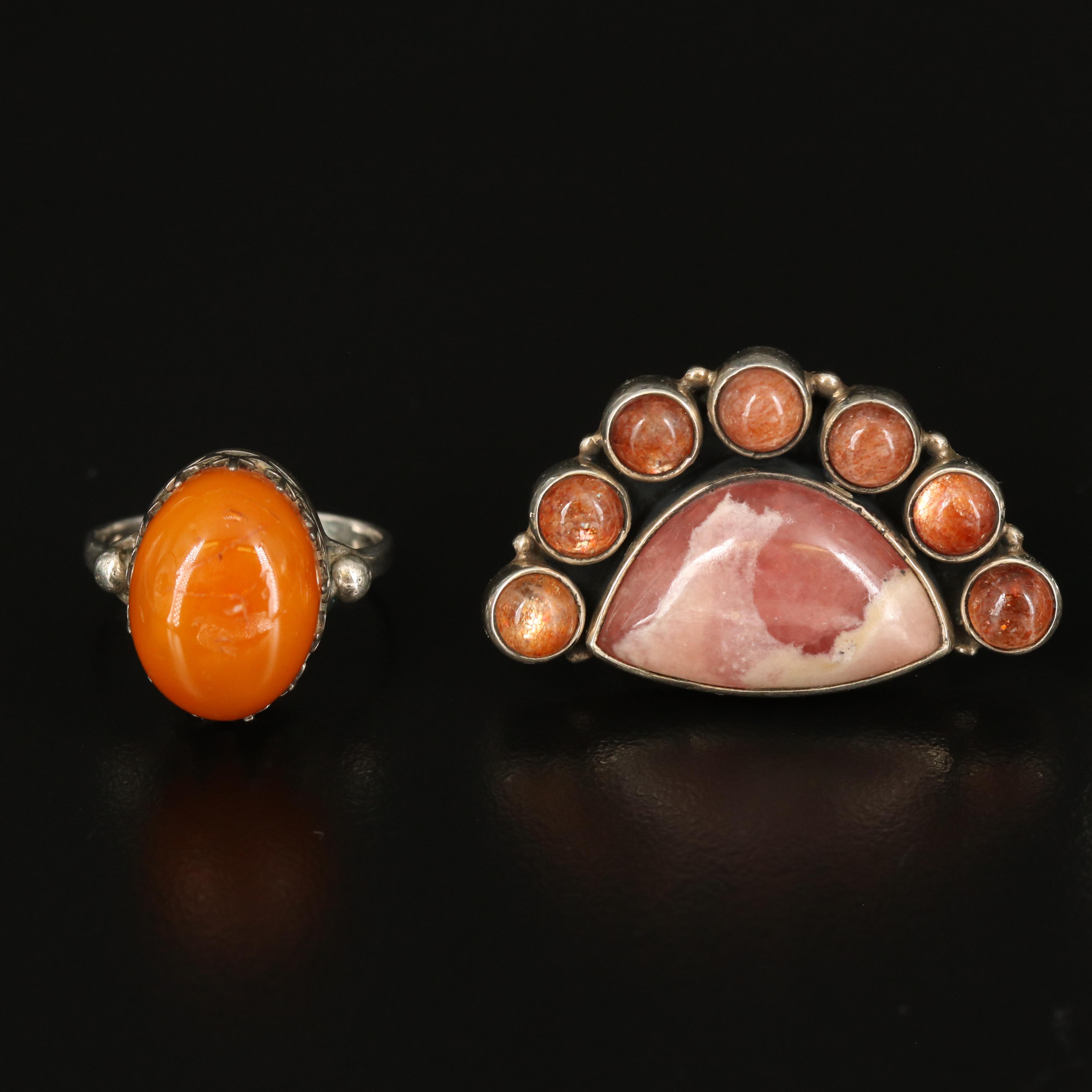 Sterling Rings Including Rhodochrosite, Sunstone and Smoky Quartz