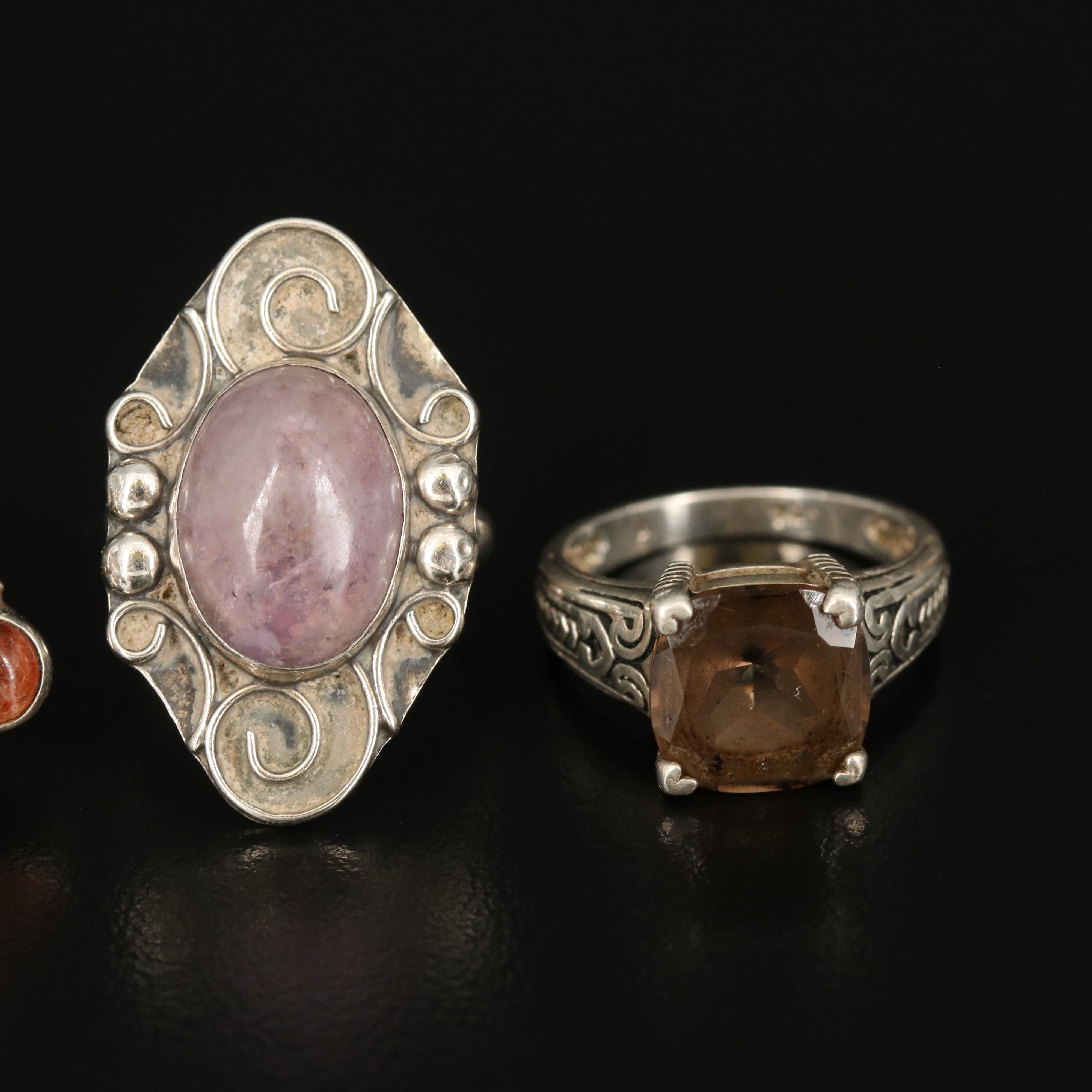 Sterling Rings Including Rhodochrosite, Sunstone and Smoky Quartz
