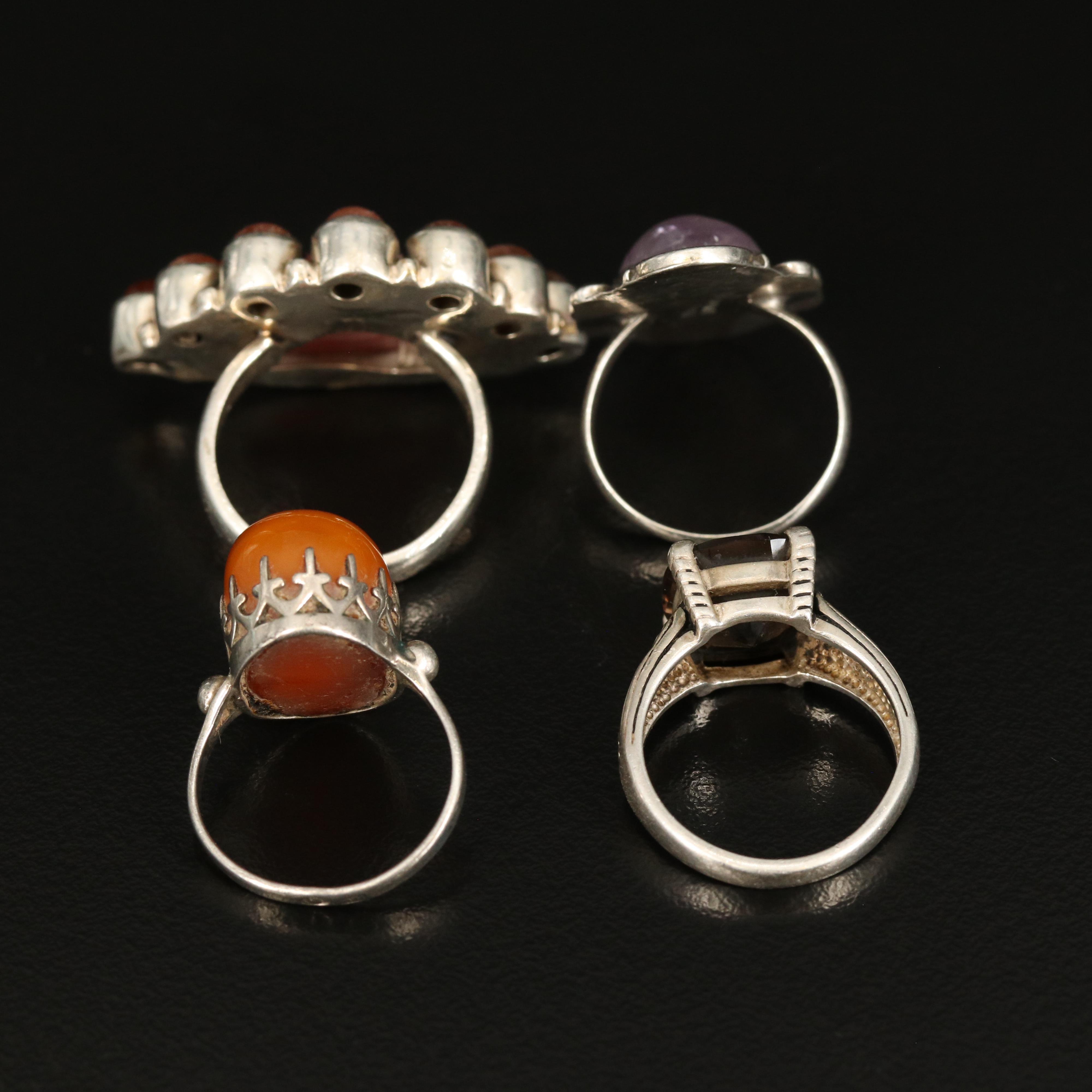 Sterling Rings Including Rhodochrosite, Sunstone and Smoky Quartz