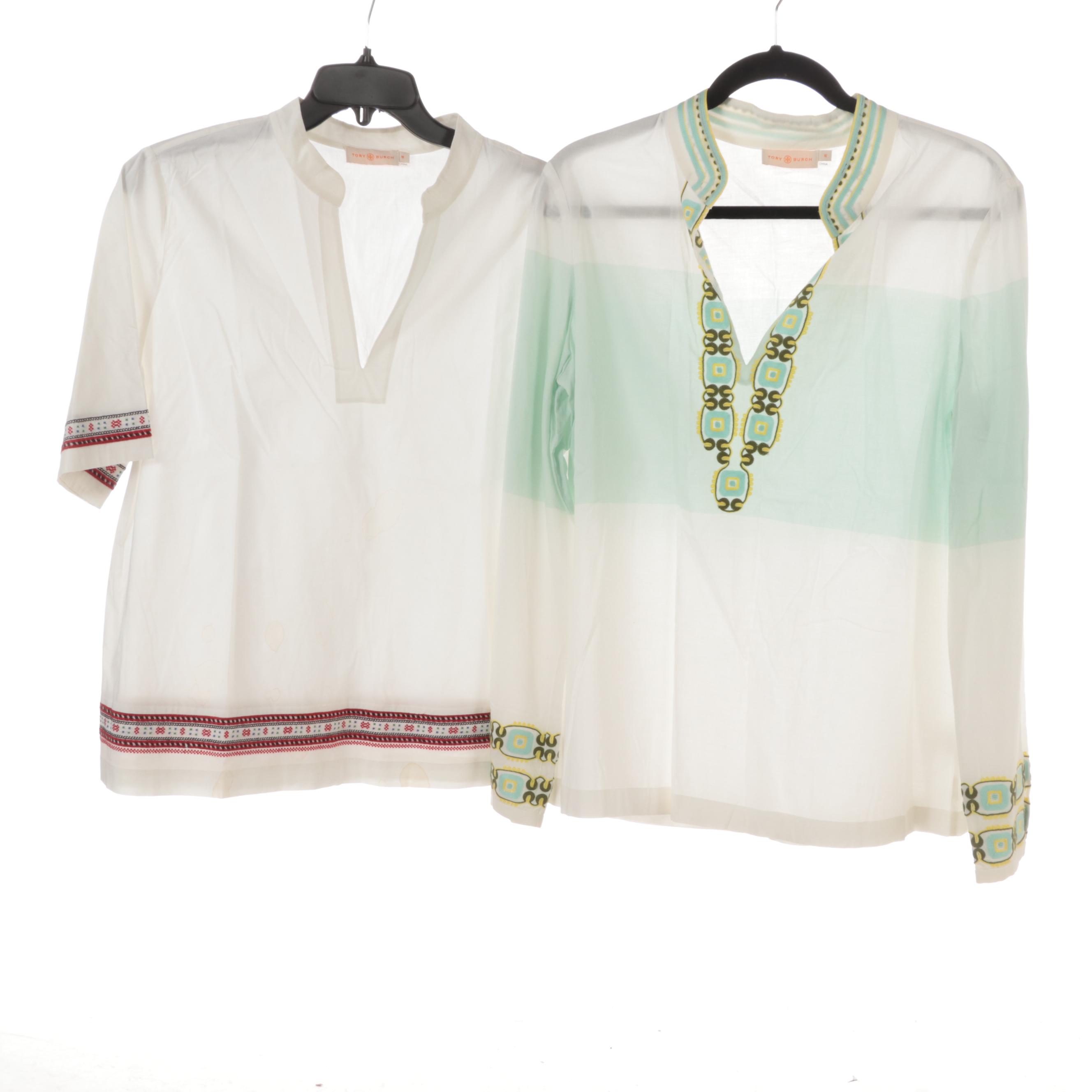 Tory Burch, J. Crew, and Maeve Blouses in White Embroidered Cotton