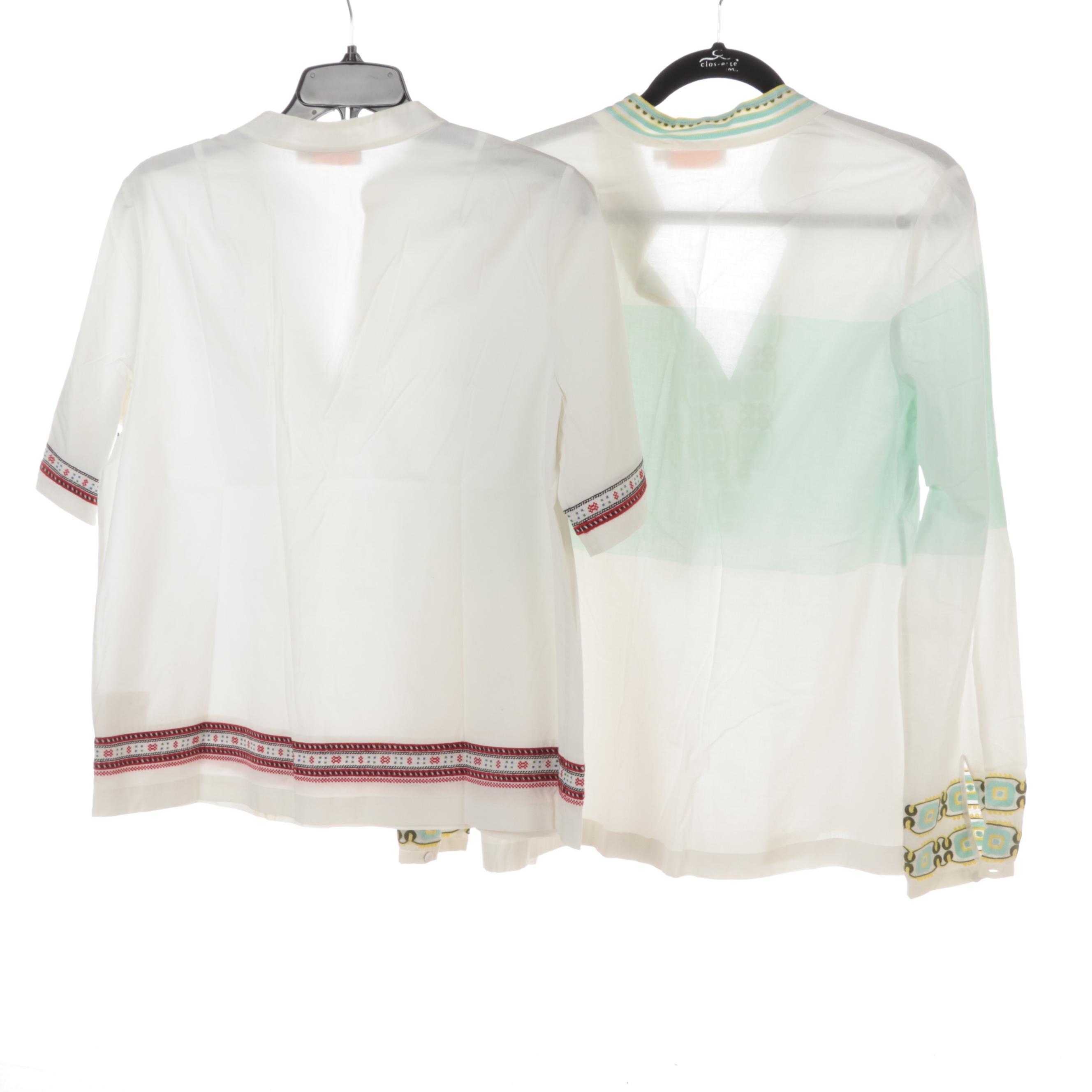 Tory Burch, J. Crew, and Maeve Blouses in White Embroidered Cotton