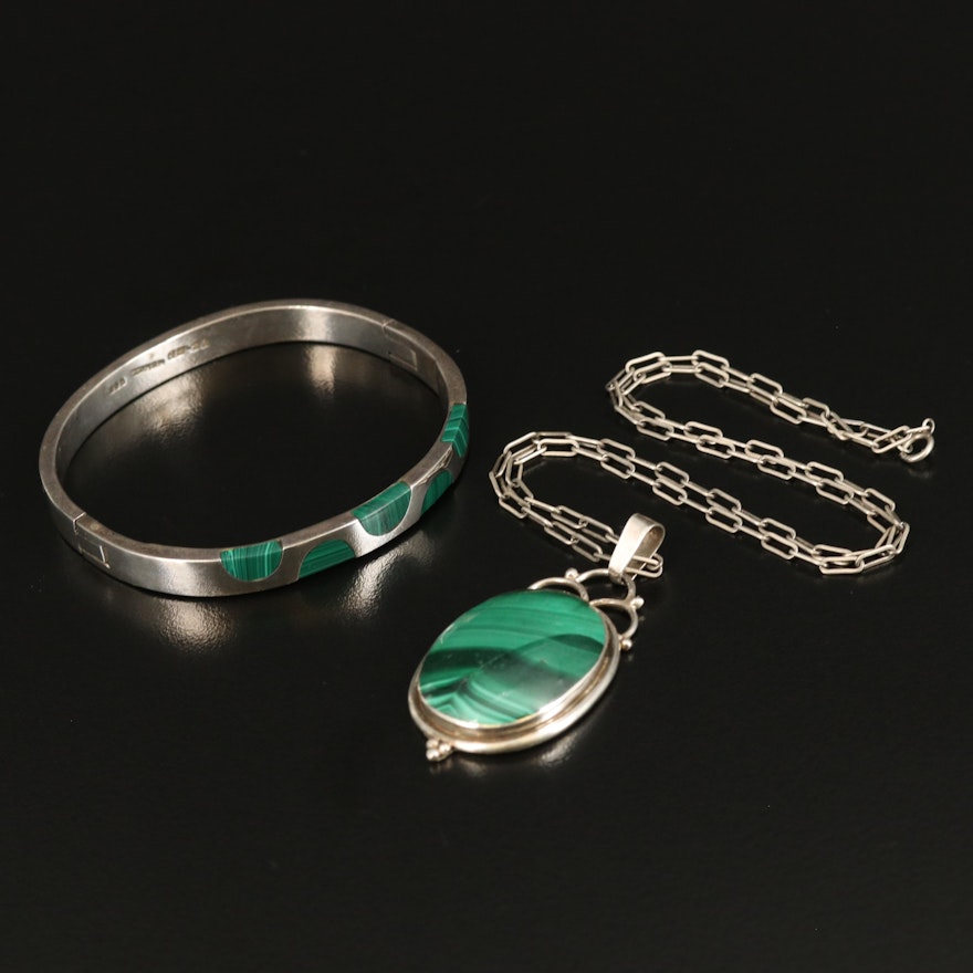 Sterling Silver Malachite Pendant Necklace and Hinged Bangle
