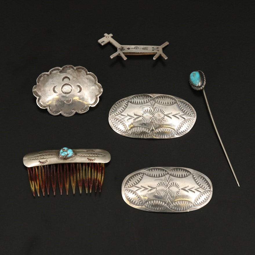 Southwestern Style Sterling and Turquoise Brooches, Pins and Hair Clip