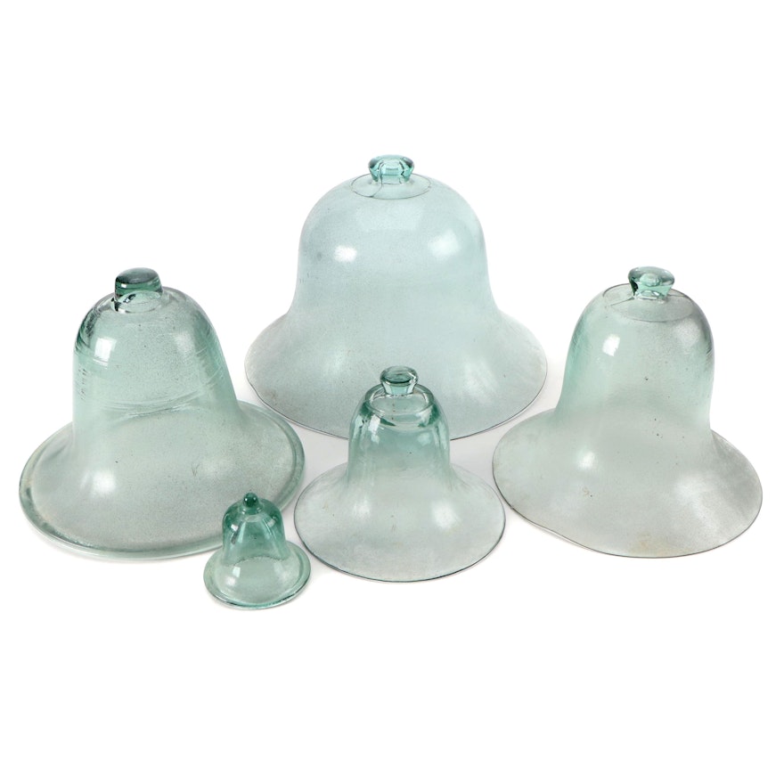 Victorian Blown Green Glass Garden Bell Cloches, Late 19th/Early 20th C