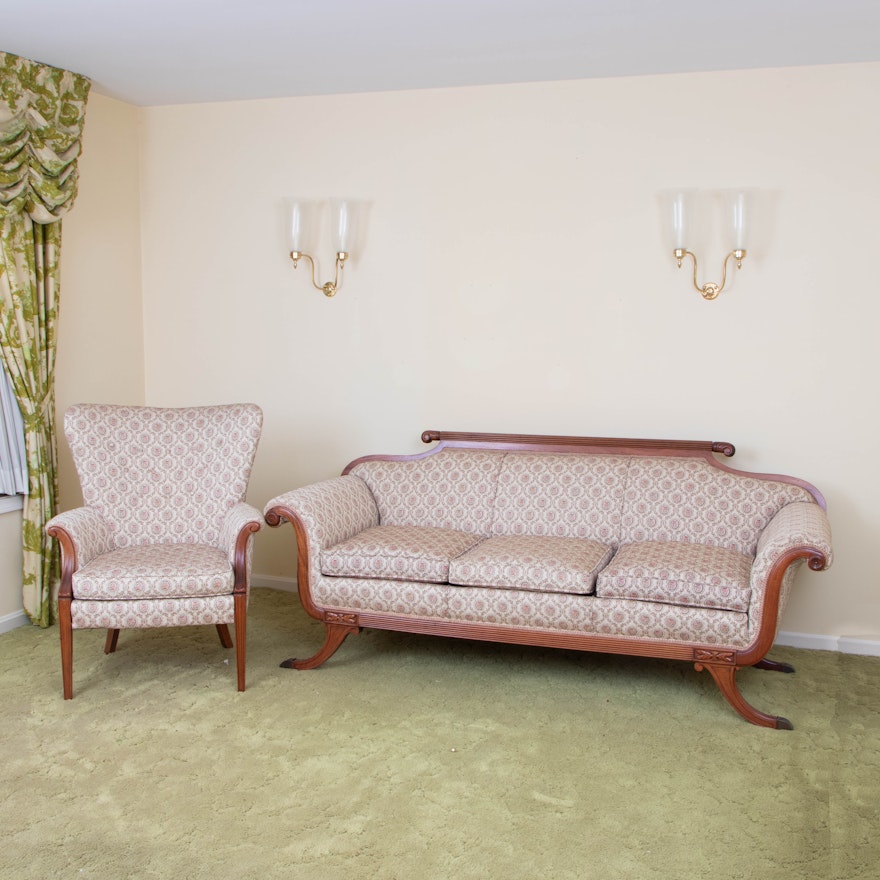 Duncan Phyfe Style Mahogany Sofa and Armchair, 1940s