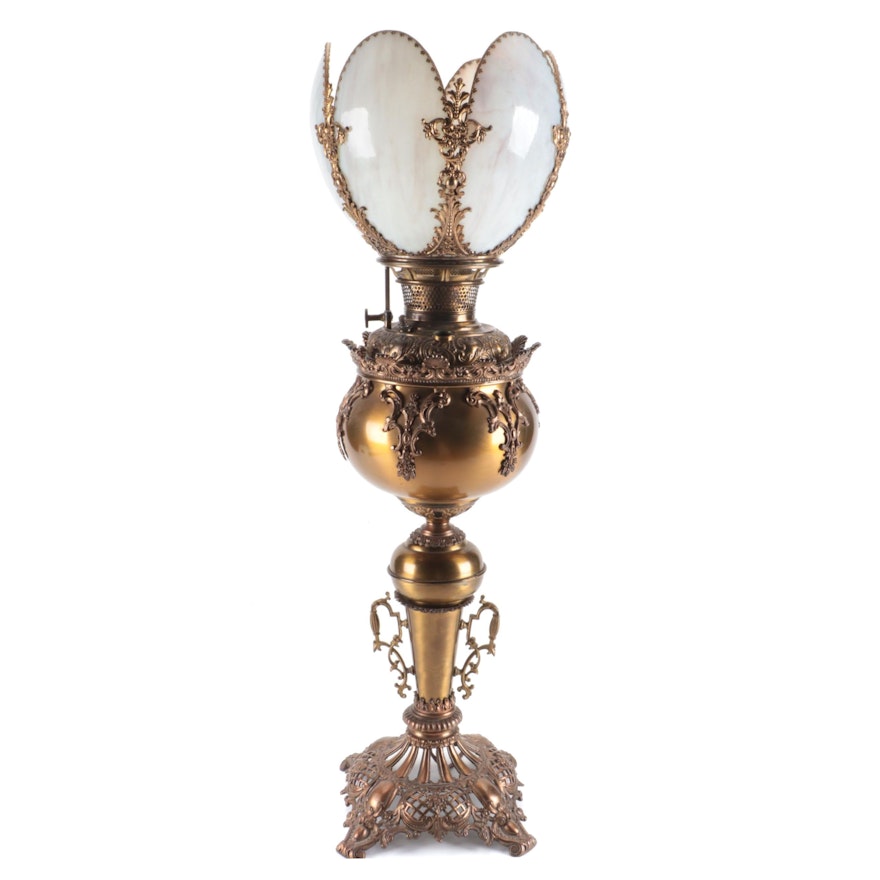 Victorian Florentine Copper Oil Banquet Lamp, Converted, with Slag Glass Shade