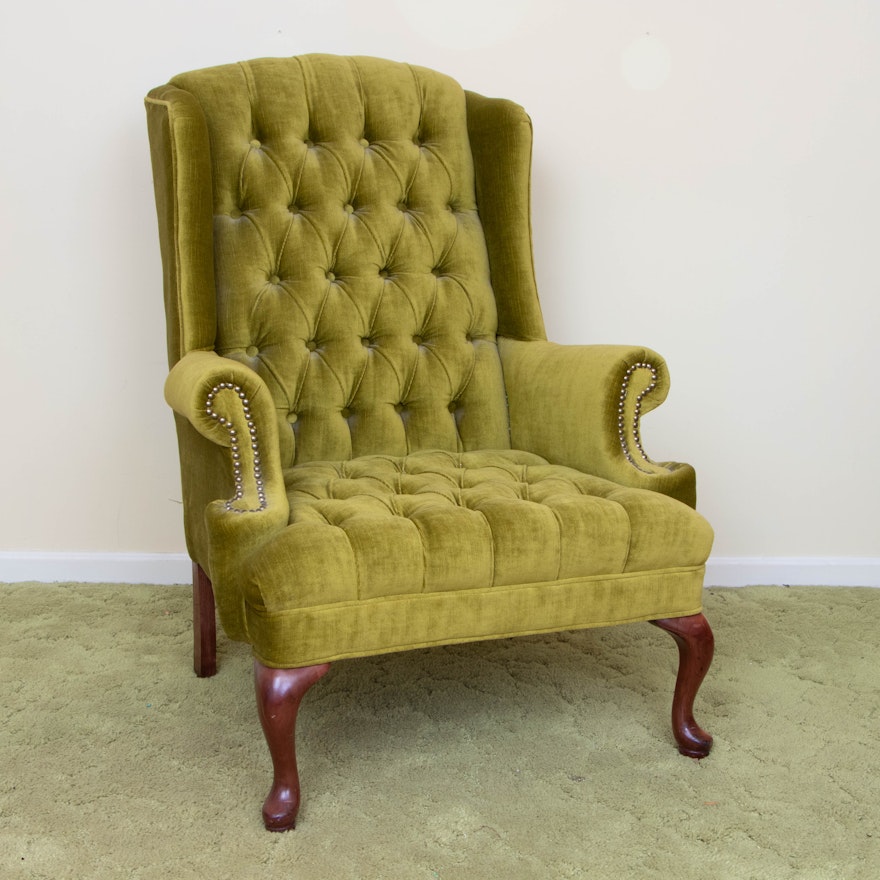 Queen Anne Style Tufted Avocado Green Wingback Chair