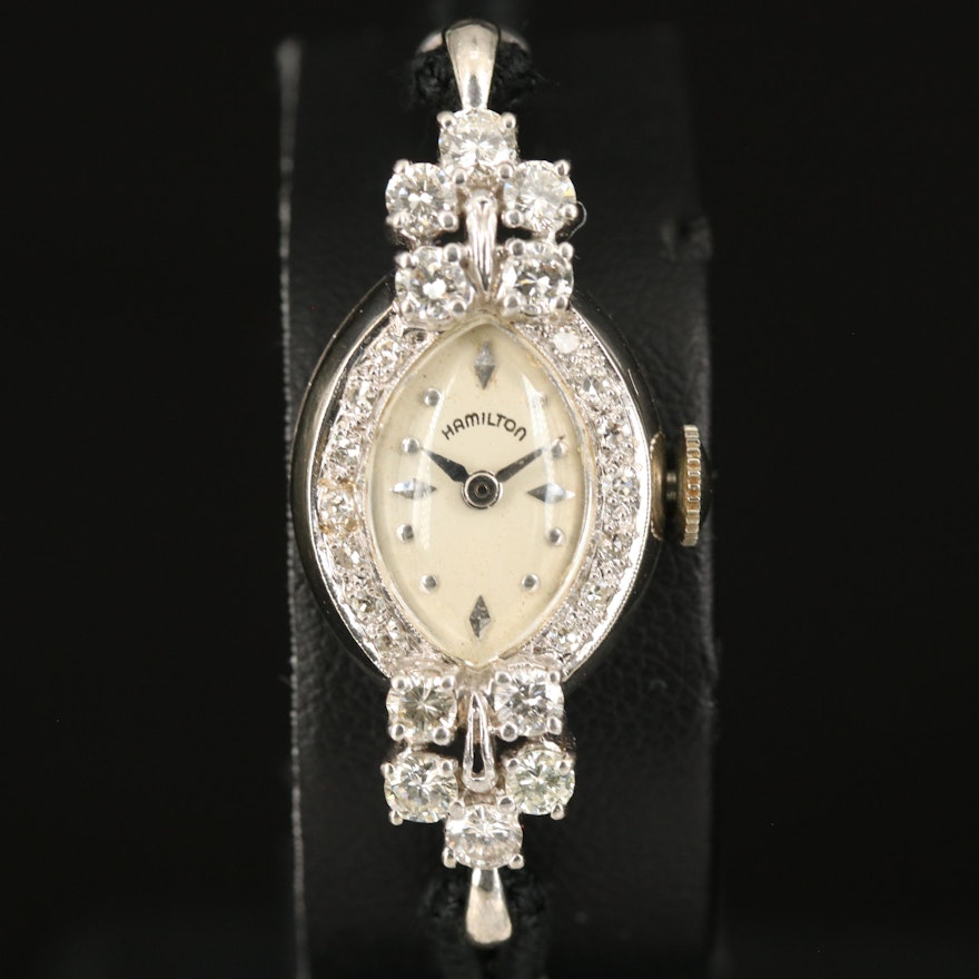 Vintage Hamilton 14K White Gold and 1.14 CTW  Diamond Stem Wind Wristwatch