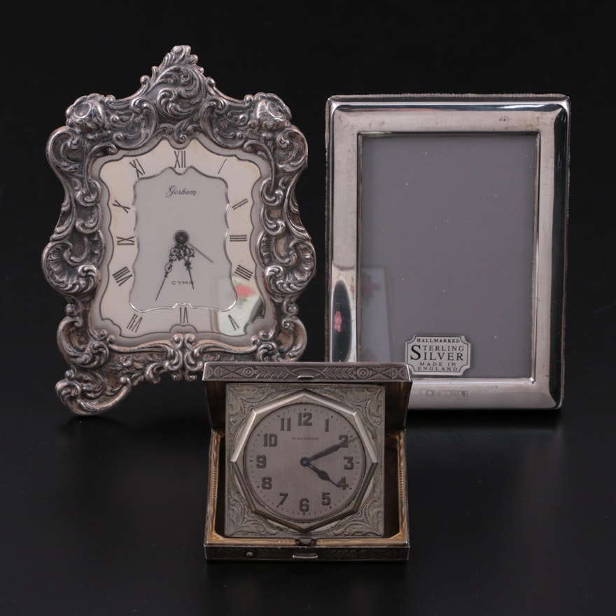 Elgin Guilloché Enameled Travel Clock and Other Sterling Silver Accessories