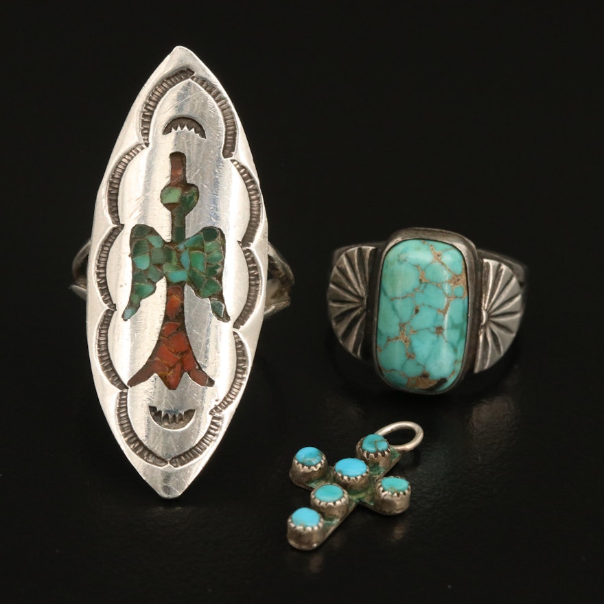 Southwestern Sterling Rings and Turquoise Cross Pendant Featuring Peyote Bird