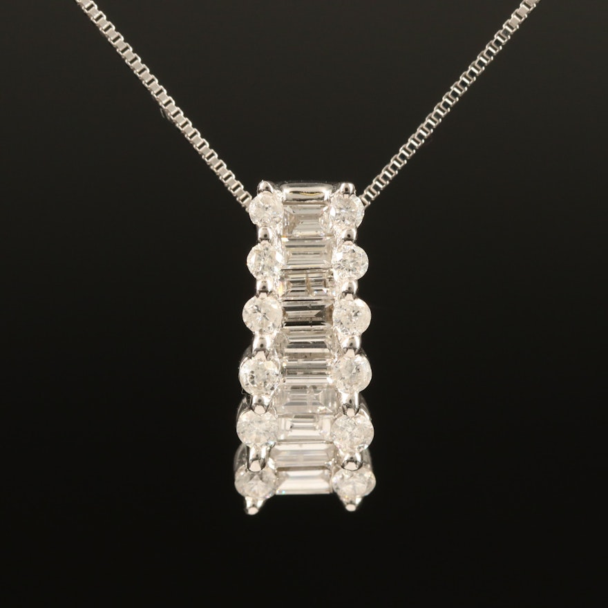 Italian 14K Diamond Curved Bar Pendant Necklace