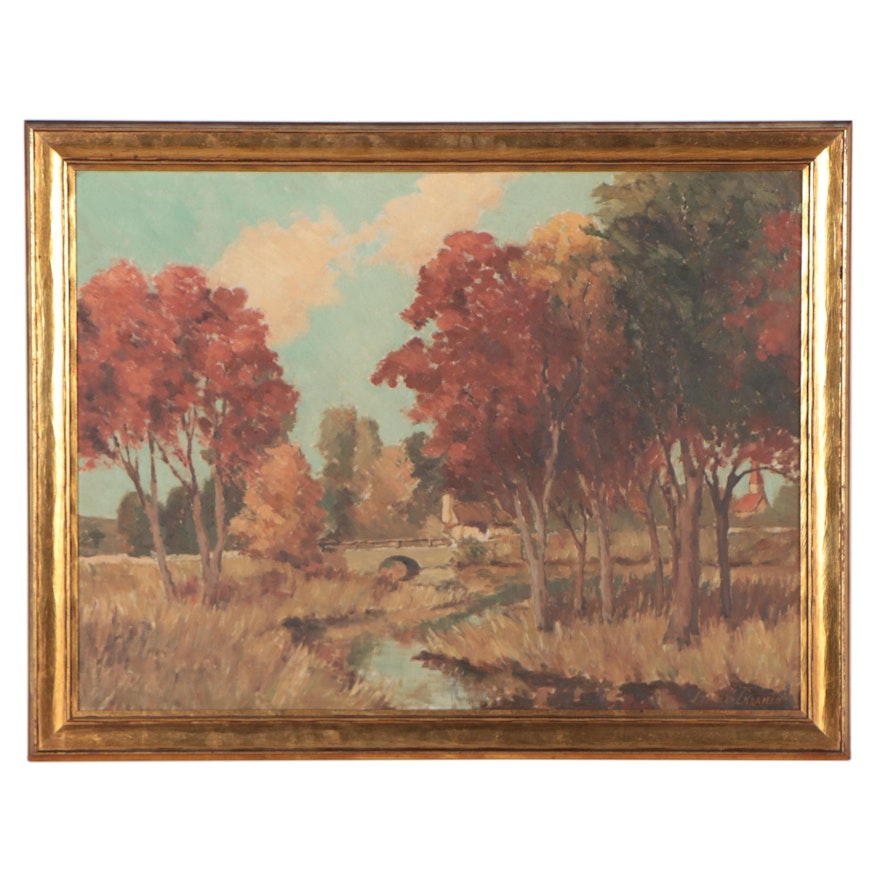 Autumn Landscape Oil Painting, Mid-20th Century