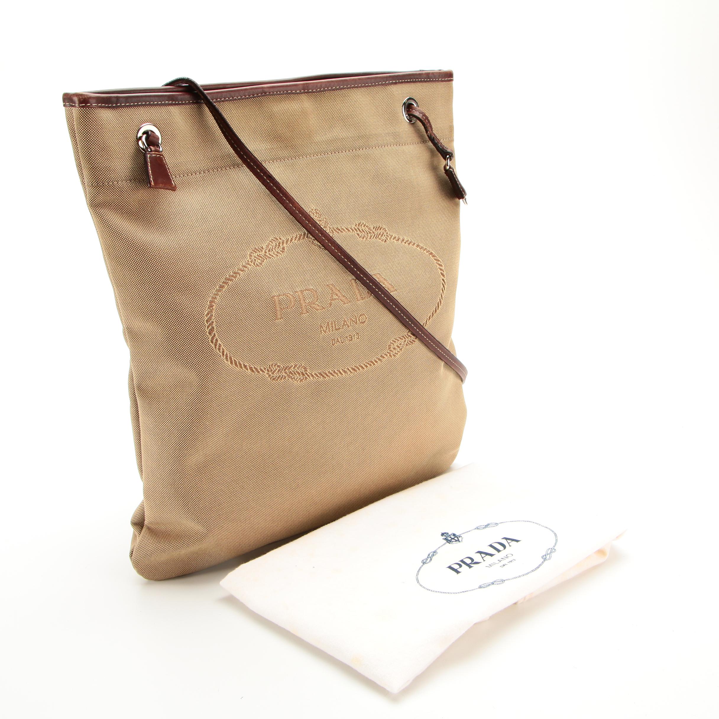Prada Shoulder Bag in Dark Tan Canvas Jacquard with Leather Trim