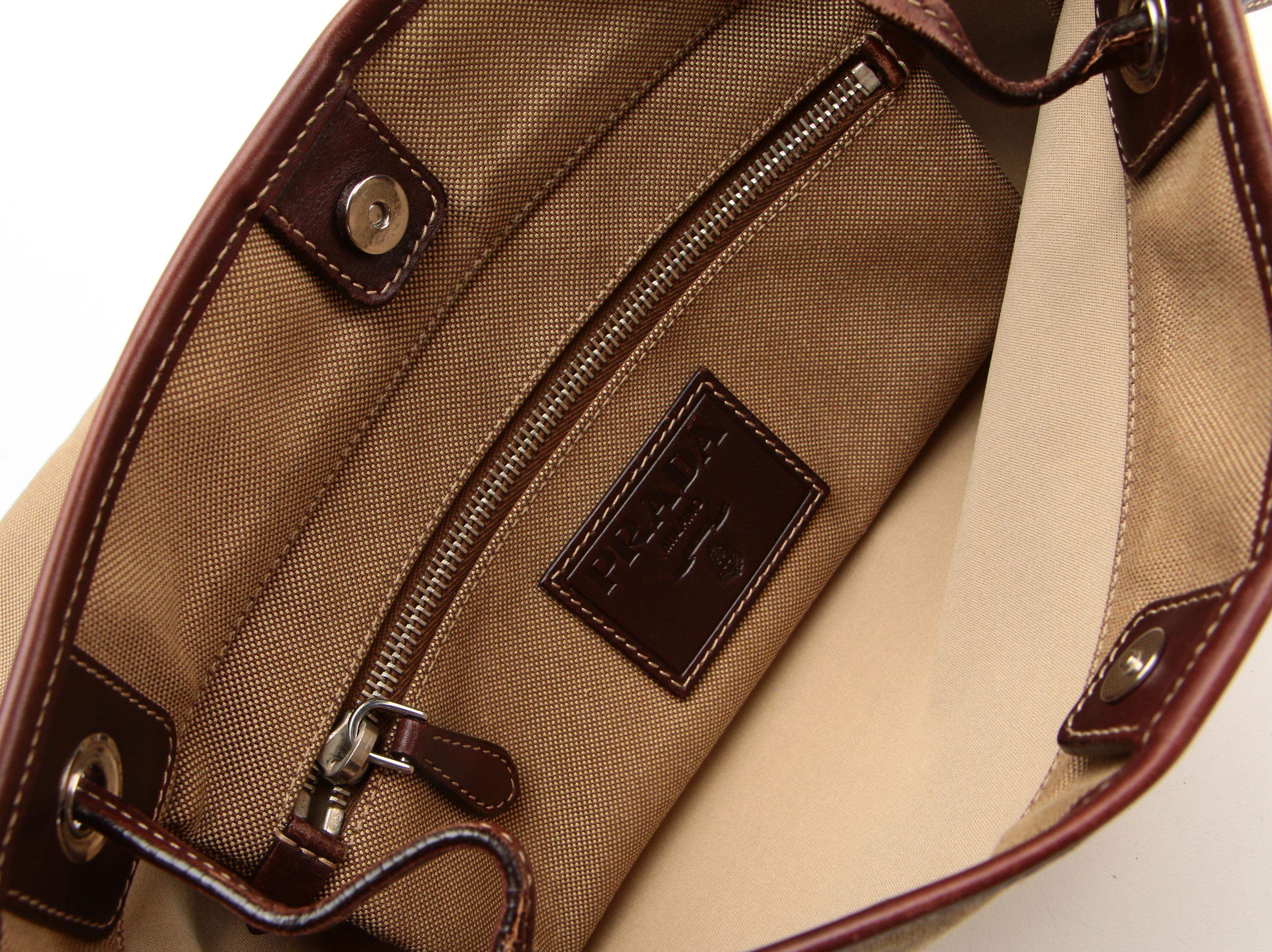 Prada Shoulder Bag in Dark Tan Canvas Jacquard with Leather Trim