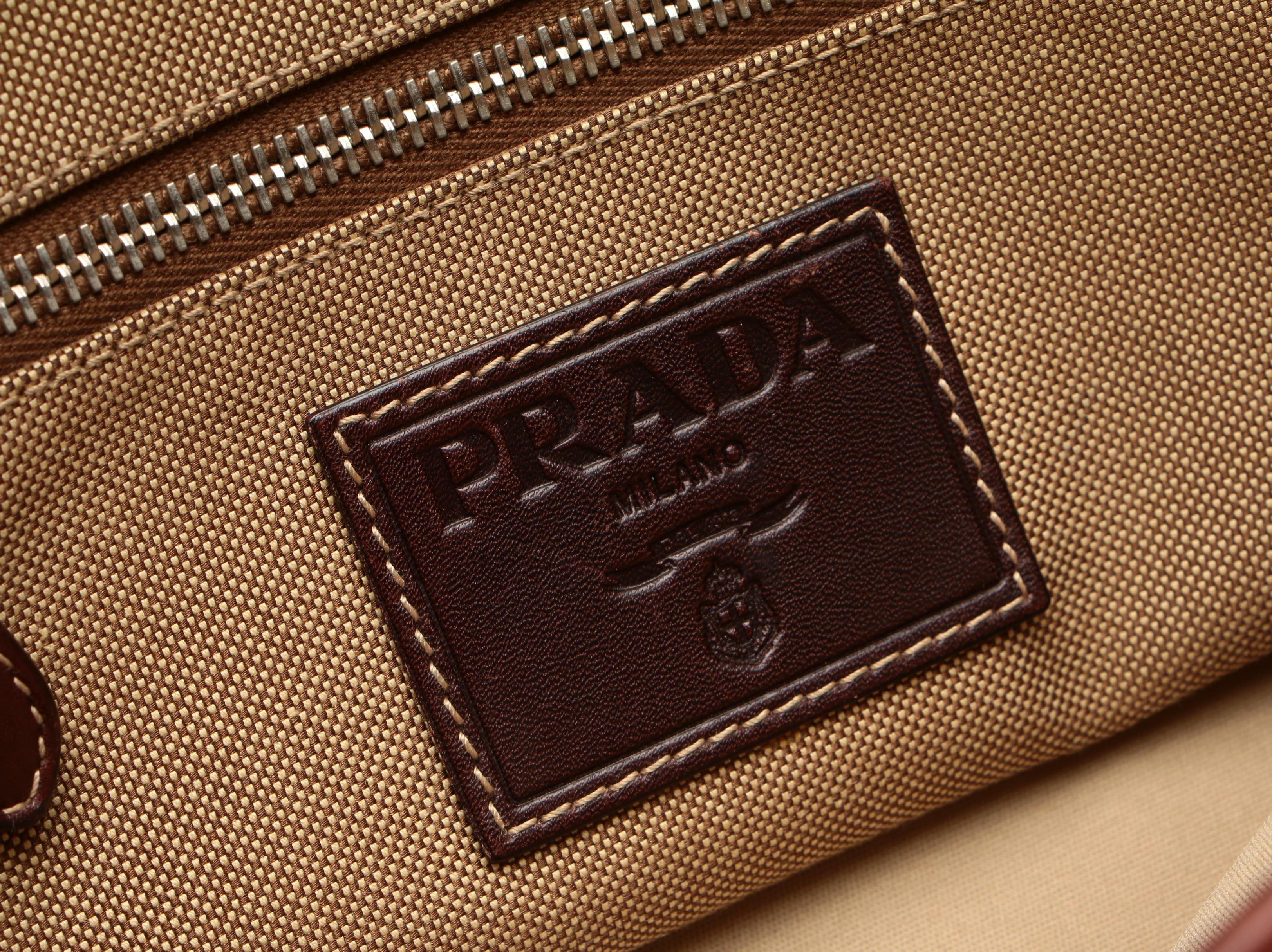 Prada Shoulder Bag in Dark Tan Canvas Jacquard with Leather Trim