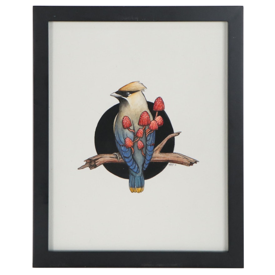 Shannon Fitch Embellished Ink Drawing "Waxwing," 2018