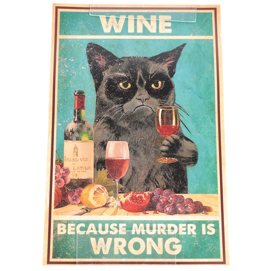 Contemporary Giclée of Black Cat With Wine, 21st Century