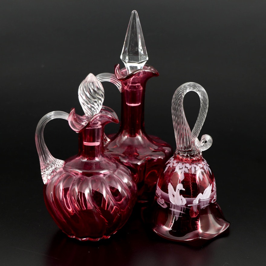 Fenton Hand-Painted Swans on Cranberry Glass Bell, with Cranberry Glass Cruets