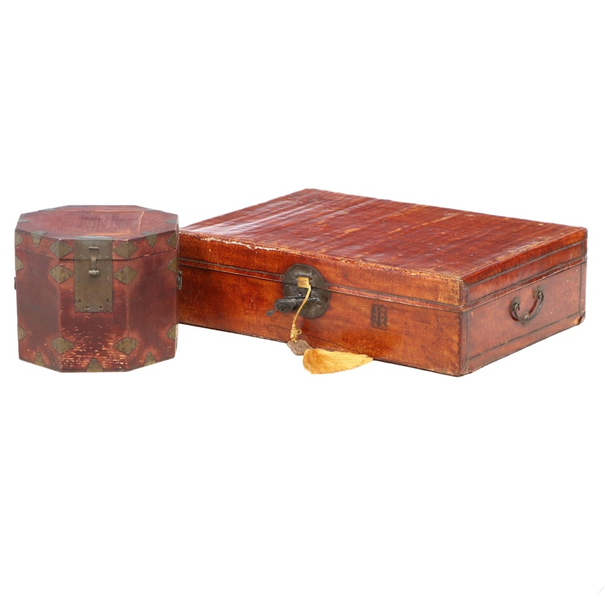 Chinese Leather Suitcase and Octagonal Wooden Box with Brass Mounts