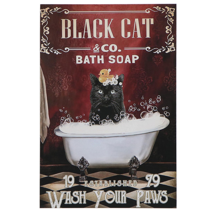 Black Cat in Bathtub Giclée Poster, Circa 2020