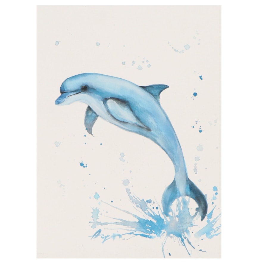 Anne “Angor” Gorywine Watercolor Painting of a Dolphin, 21st Century
