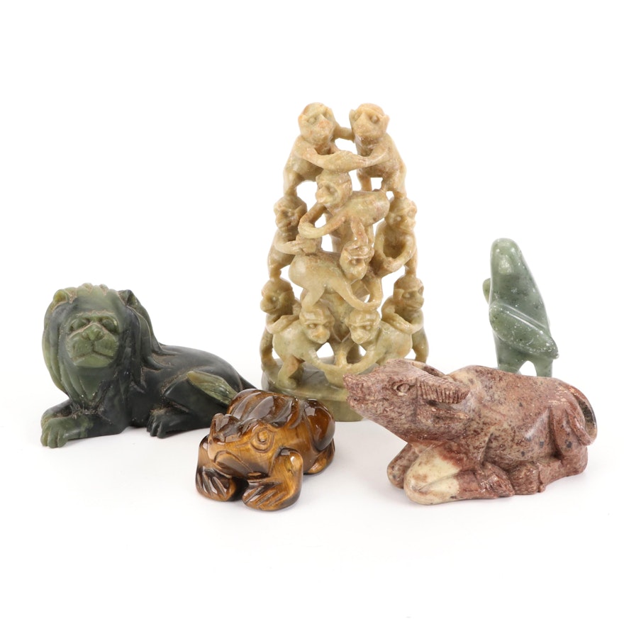 Chinese Carved Stone Animal Figurines and Zuni Eagle Fetish